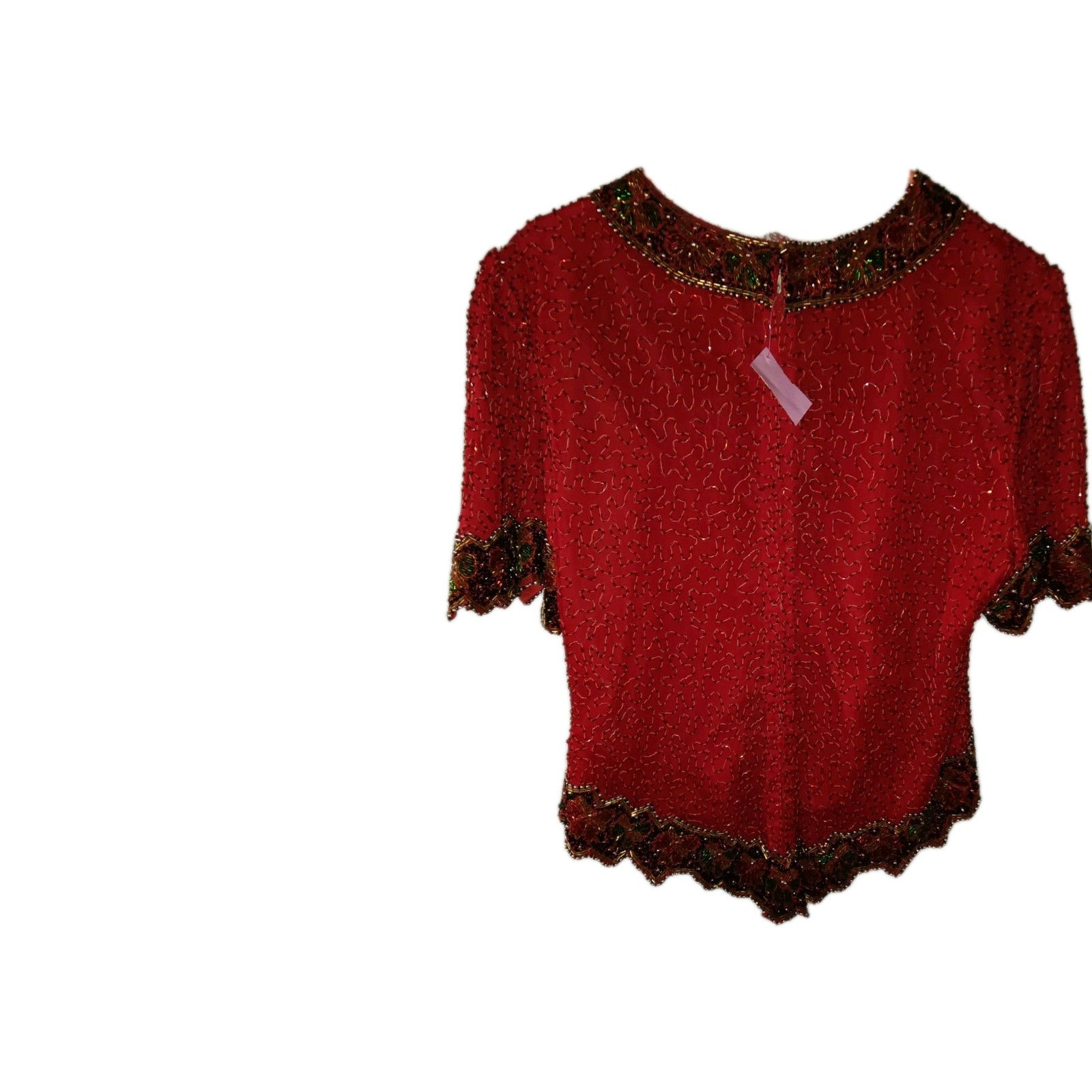 vintage Laurence Kazar red silk beaded and sequined holiday top XL