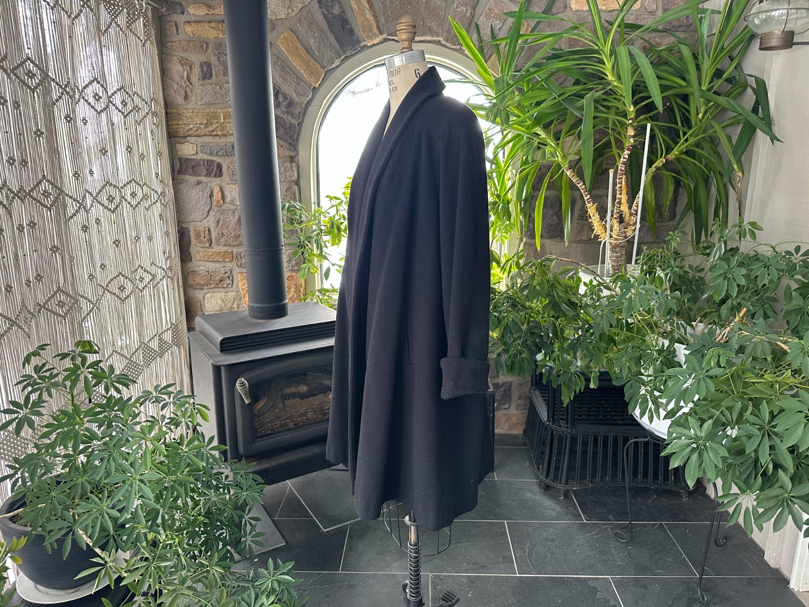 Vintage 1980s Black Wool Blend Open Front Swing Coat Herman Kay
