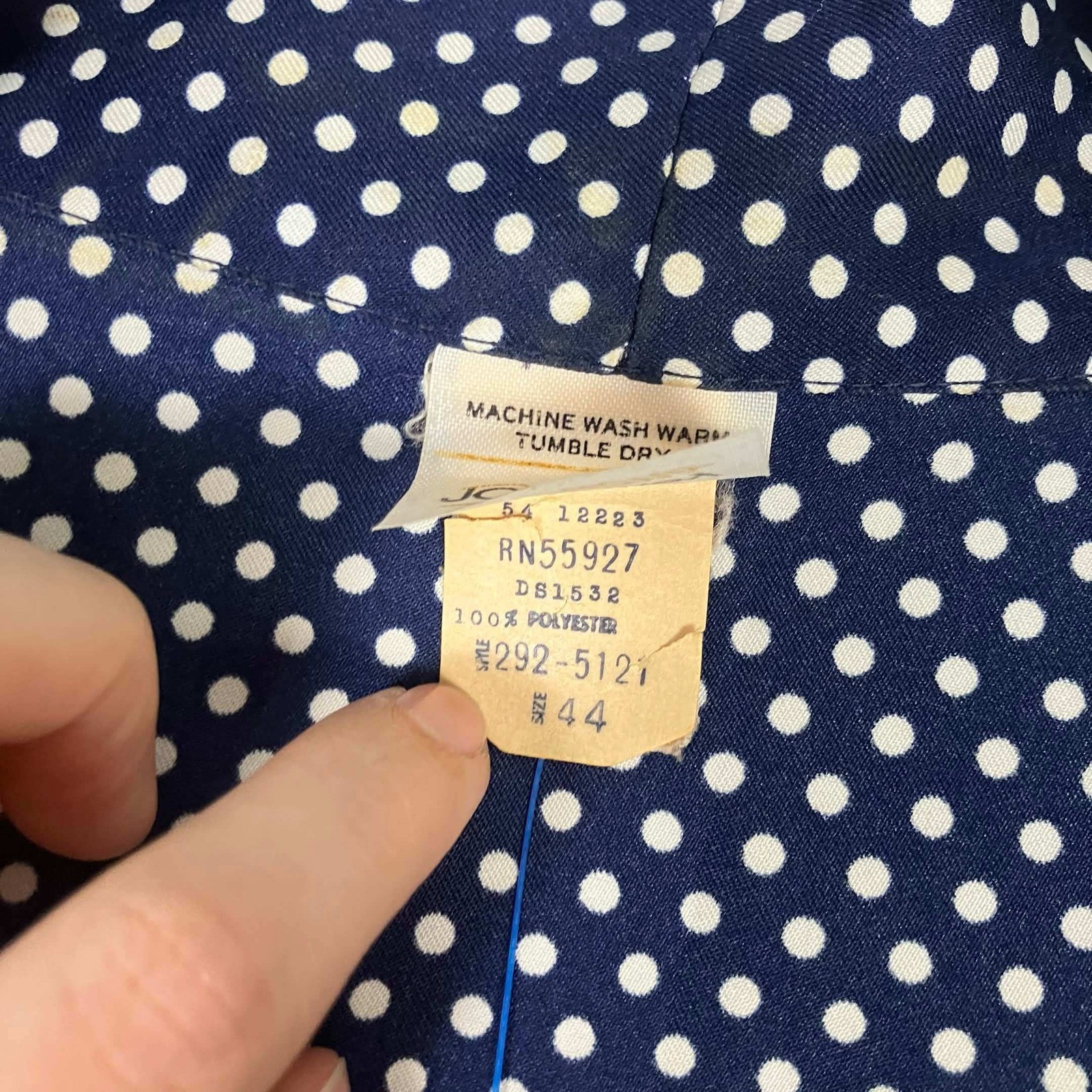 Vintage JCPenney Fashions Navy Blue White Polka Dot Short Sleeve Blouse Size 44