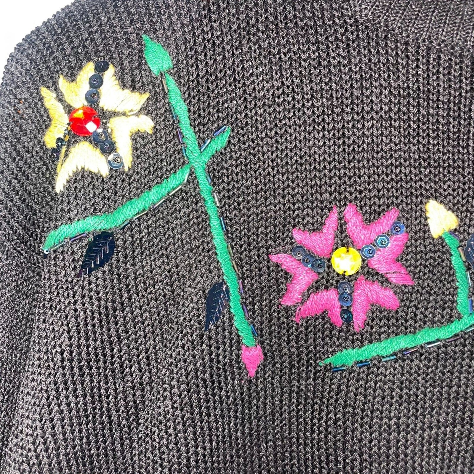 Vintage Basket of Yarn Embroidered Sweater Ramie Cotton Black Floral Size L