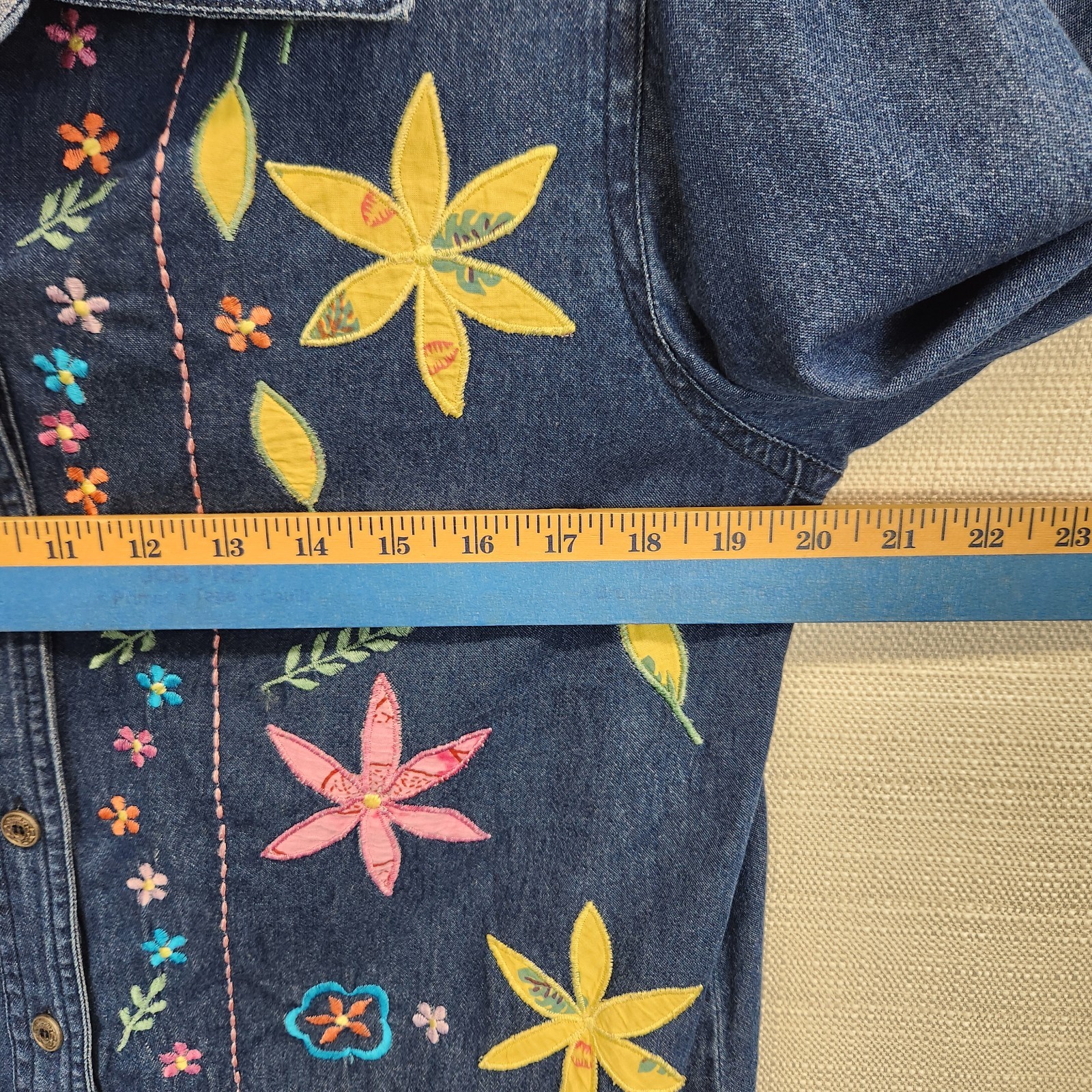 Vintage National Denim Button Jacket Size 14 Embroidered Floral Applique Cotton