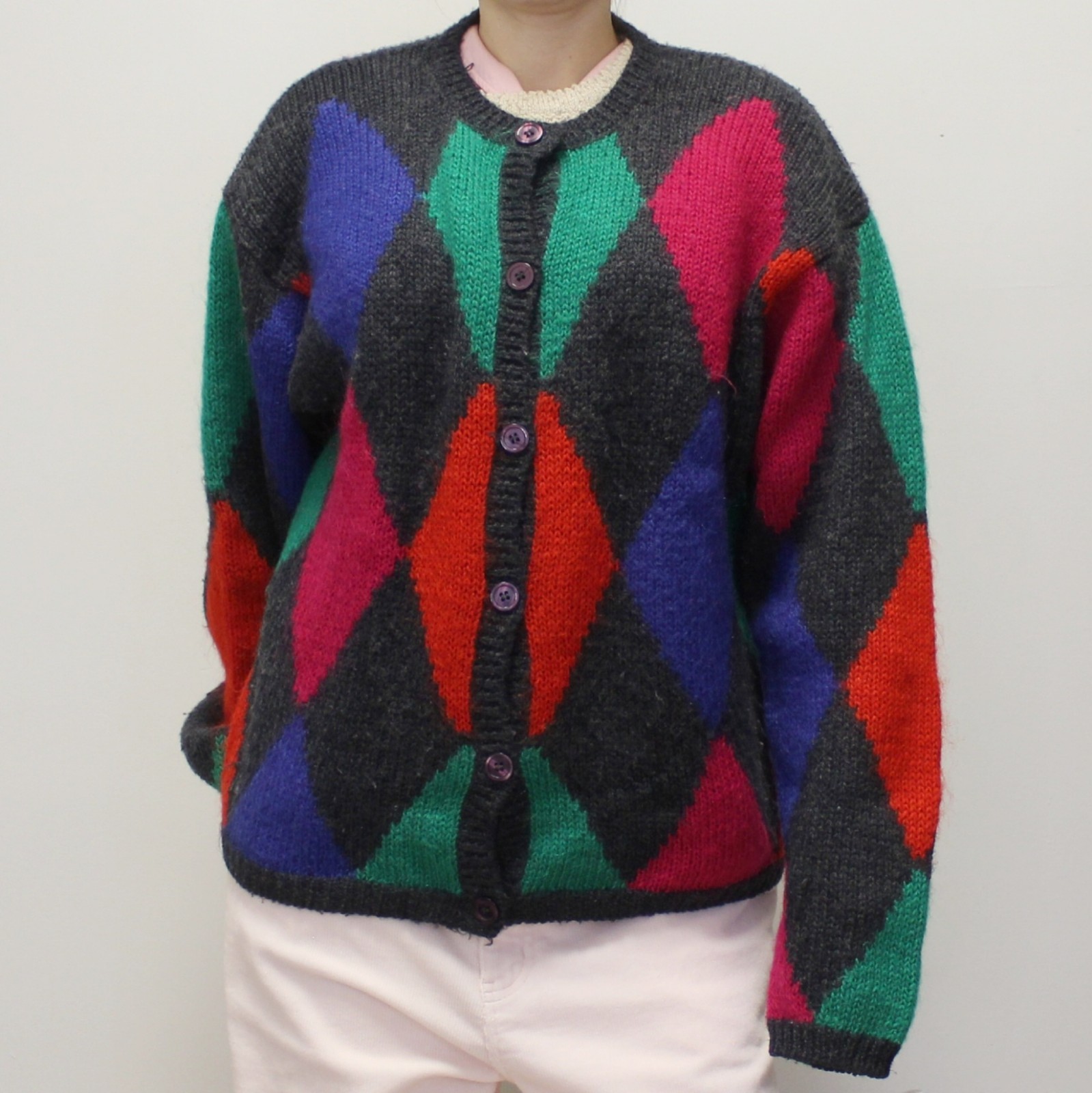 Vintage 90s Wool/Mohair/Acrylic Harlequin Jester Print Cardigan by Cappagallo