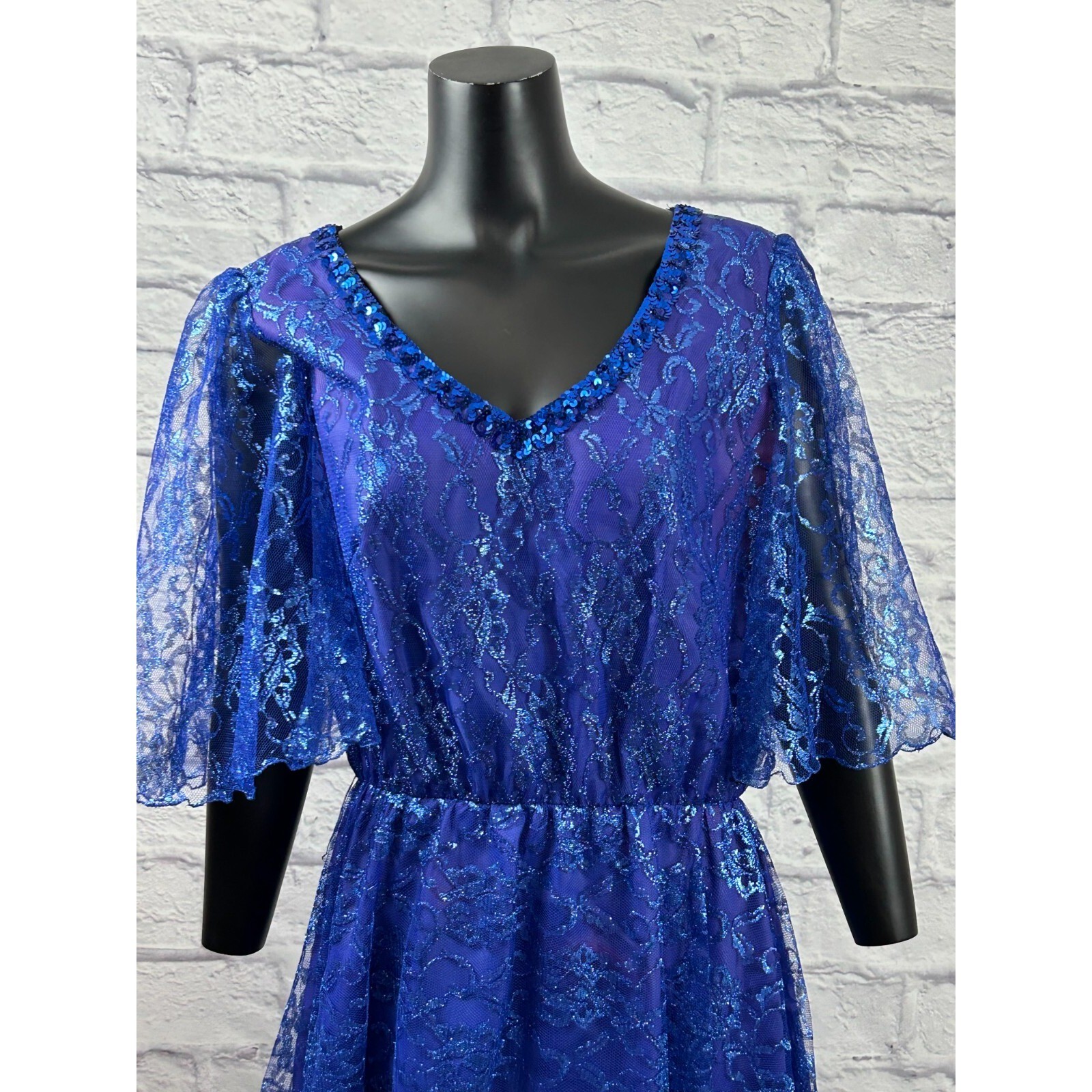 Mike Benet Formal Sequins Blue Lace Sheer V-Neck Evening Gown Dress Vtg 80s
