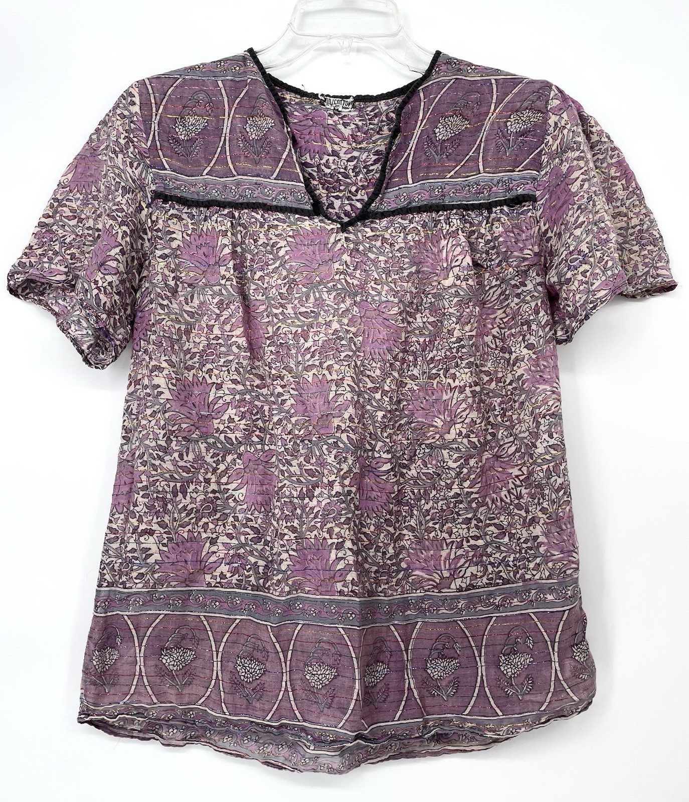 Vintage 1960s Hippie India Gauzey Sheer Cotton Block Print Floral Top Blouse