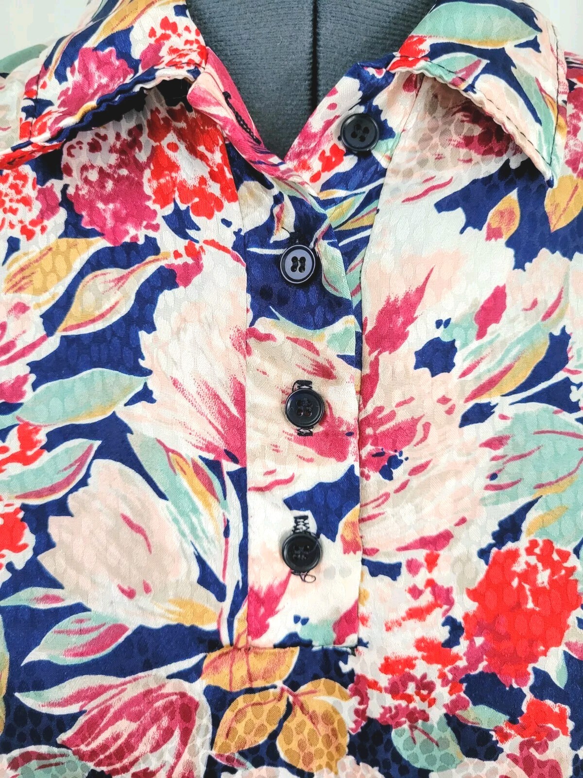 Vintage Jeri Marque Floral on Navy Blouse w Knit Cuffs & Waistband Sz M/L?