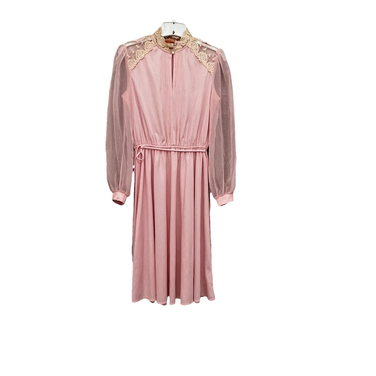 Vintage 70s Amy-Deb Dress Sz 12 Pink Polyester Sheer Sleeves Lace Tie Belt
