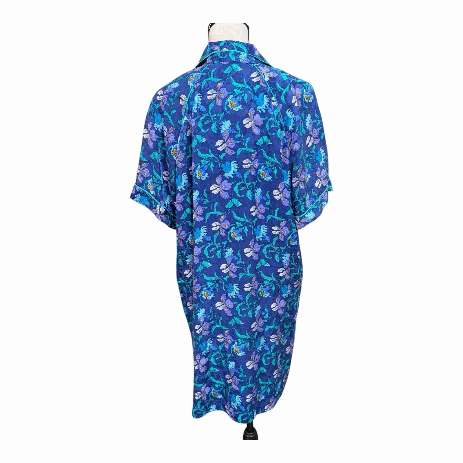 Vintage Valerie Stevens Pure Silk Floral Nightgown Robe Blue Teal 90s Loungewear