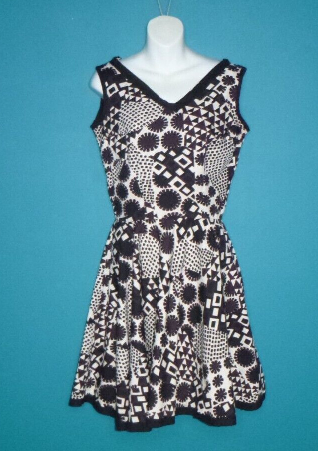 Vtg 60s Fit and Flare Dress MOD Black Brown White Abstract Floral Print Sz S/M