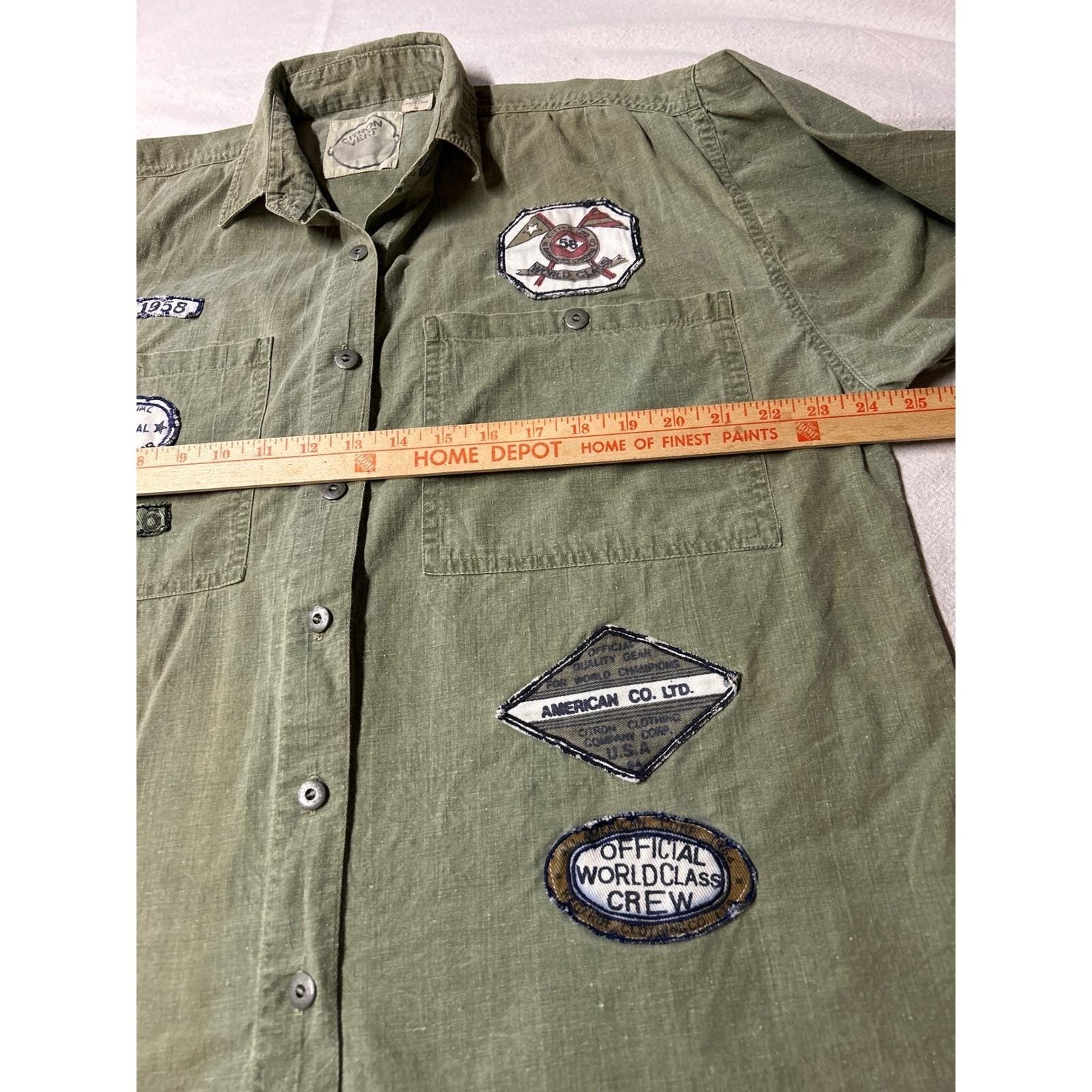 Vintage Y2K Citron Vert Olive Green Long Sleeve Military Look Patches Shirt WS