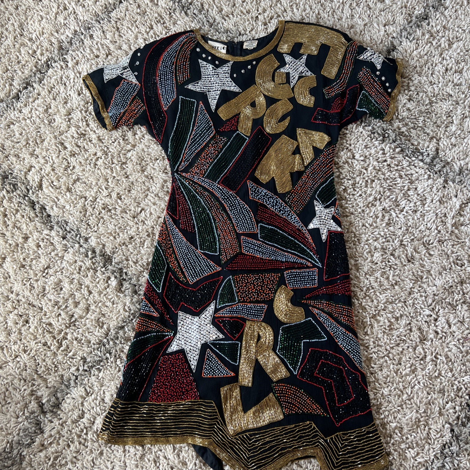 Vintage Retro Rainbow Sequin Alphabet Dress Glam Rocker Party Silk M Beaded