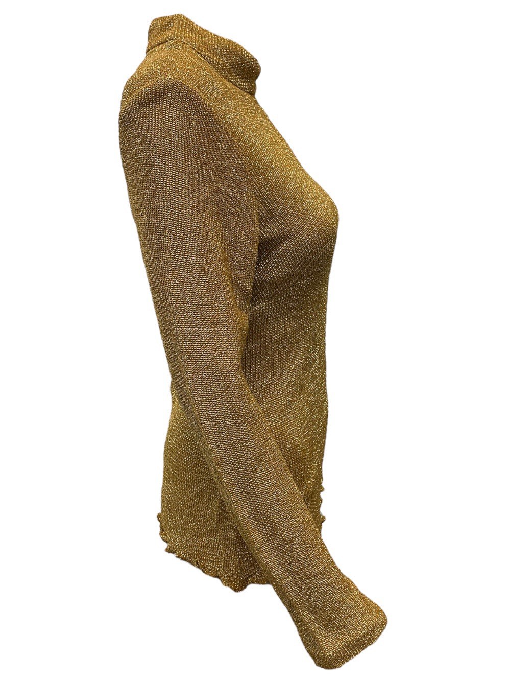 VTG 70s Gold Glitter Disco Lettuce Hem Mock Neck Long Sleeve Blouse Womens M