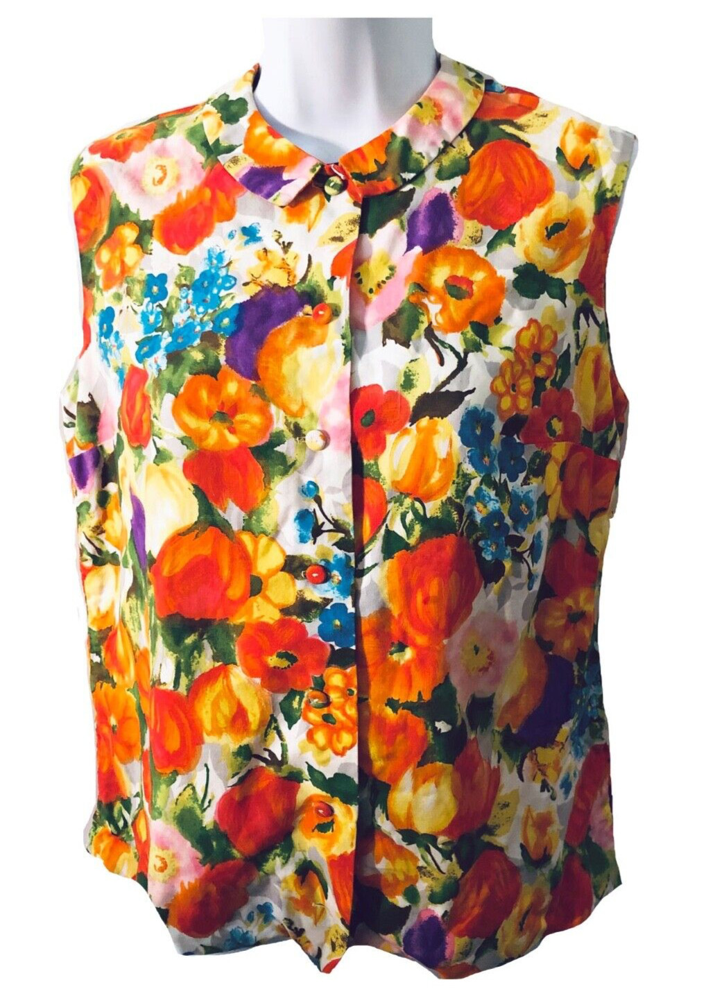 McMullen Floral 60s VTG sleeveless Bright cotton Peter Pan Collar Prep blouse 12