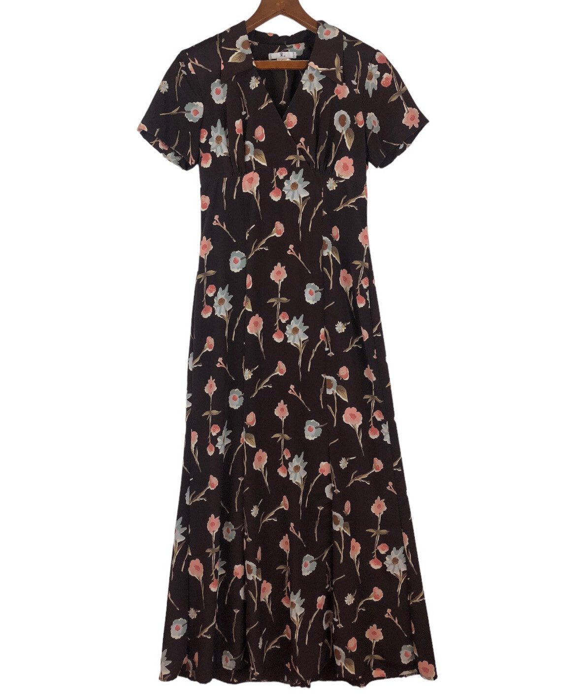 Rampage Brown Floral Maxi Dress Women’s Size 9 Collared V-Neck Short Sleeve VTG