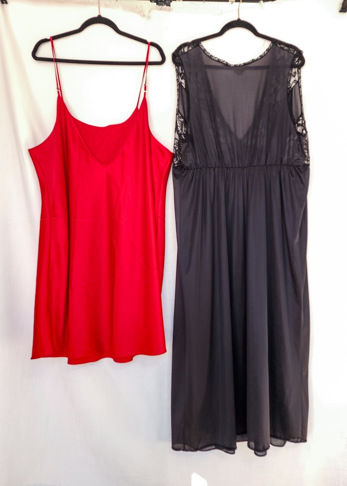 Vtg Plus Size Lingerie Lot 2 Short Red Satin 4X Long Black Nylon Lace 3X Romance