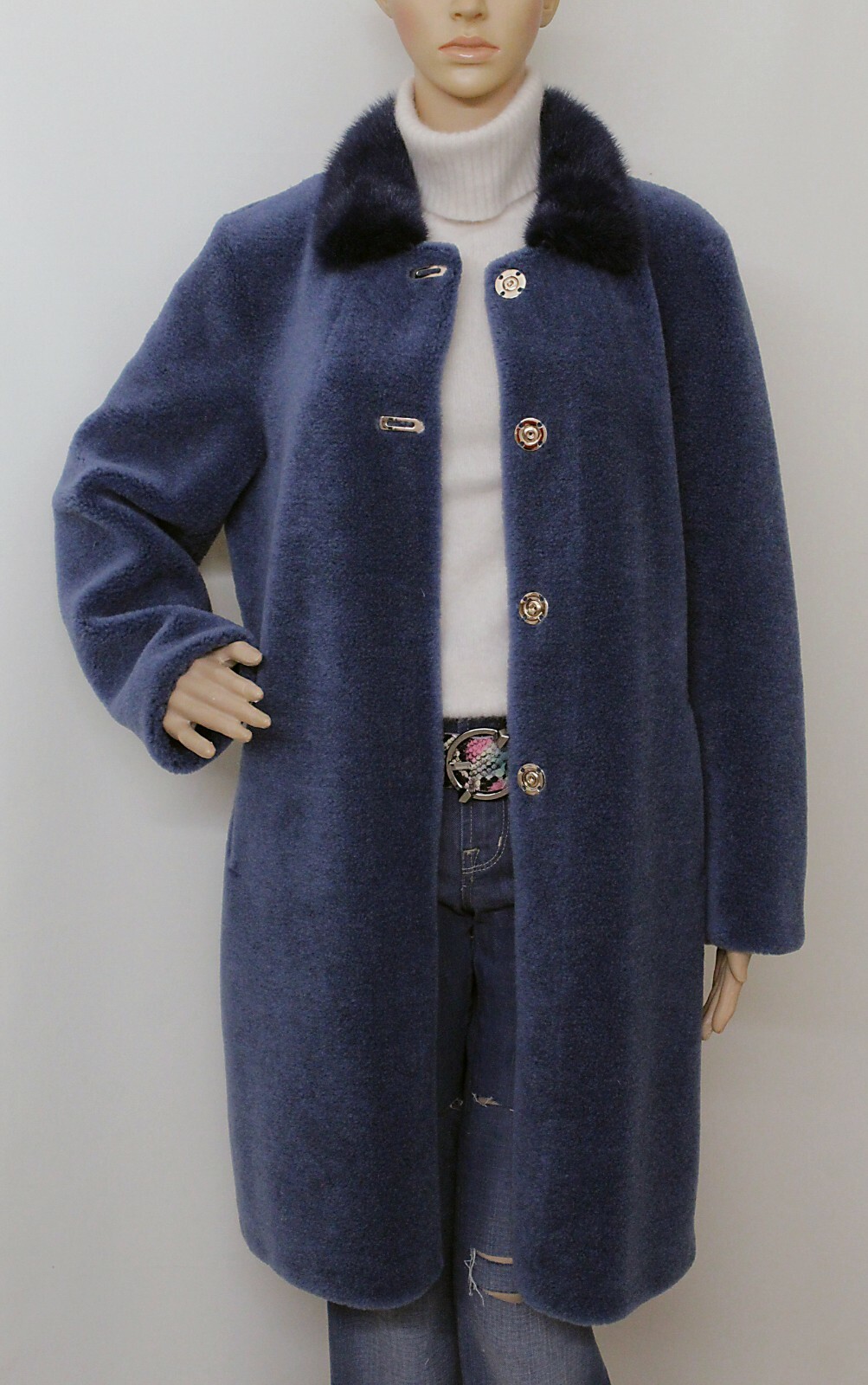 REAL MINK FUR SHEEPSKIN LAMBSWOOL SHEARLING TEDDY BLUE COAT 10-12-14 UK / M New