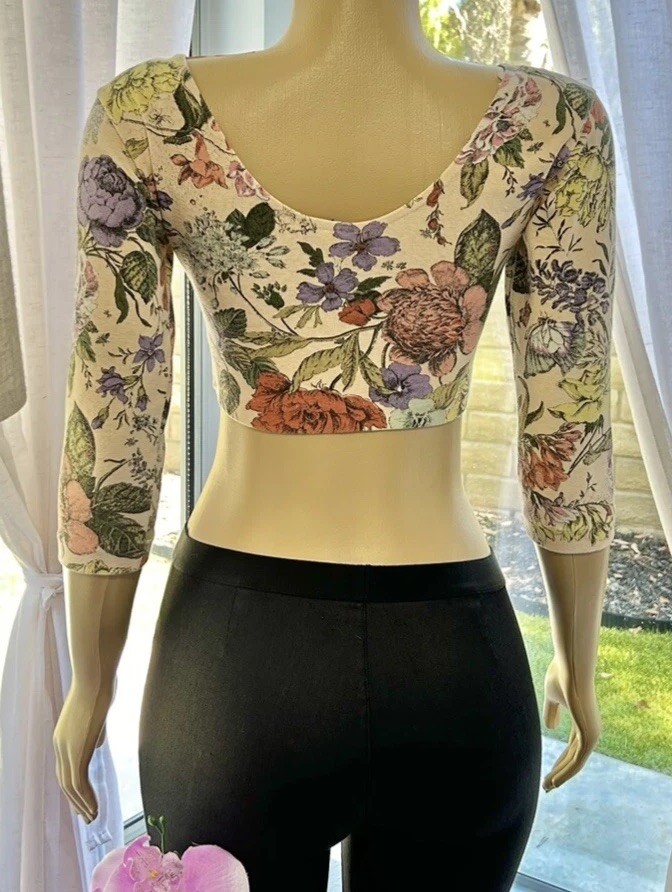 Vintage Judy Knapp California Floral Crop Top Size S Small 3/4 Sleeves