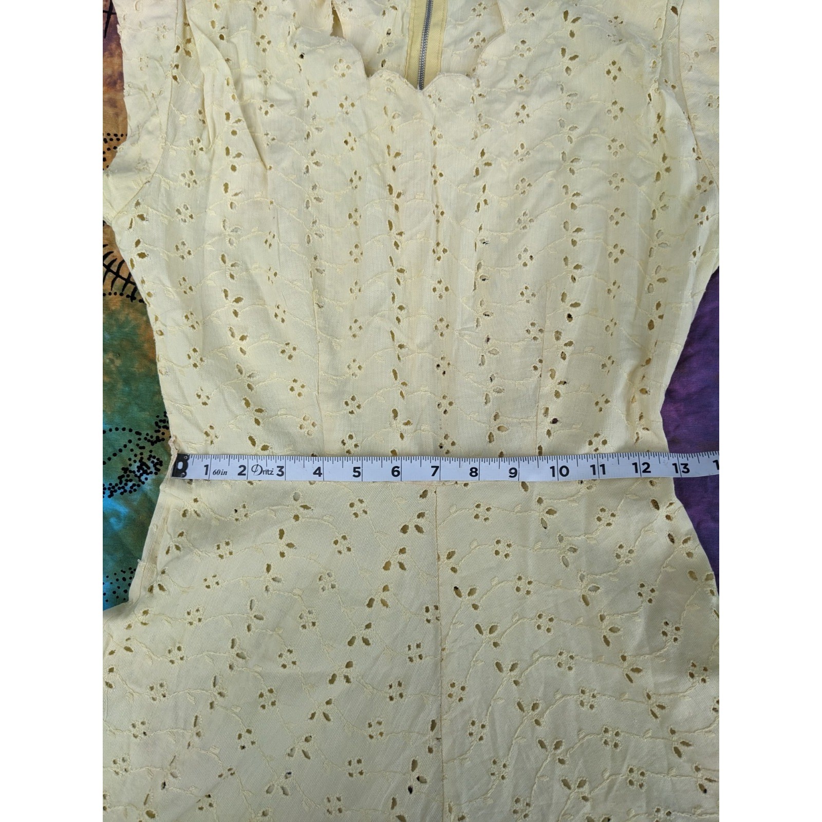 Vintage 50s Eyelet Lace Dress XS Yellow Cotton Cottagecore 1950s Summer Day Midi