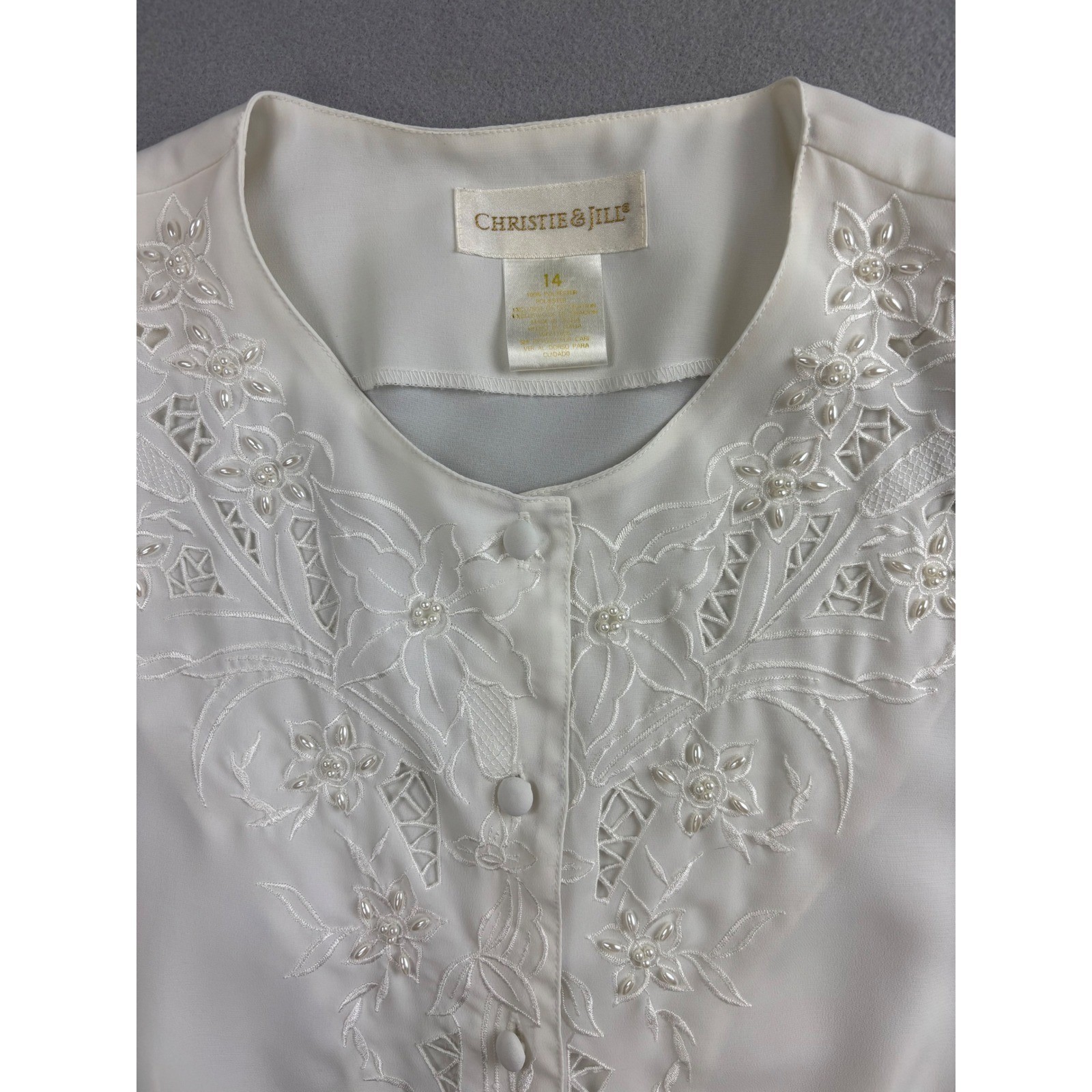 Vintage Christie & Jill White Embroidered Beaded Blouse Size 14 Long Sleeve