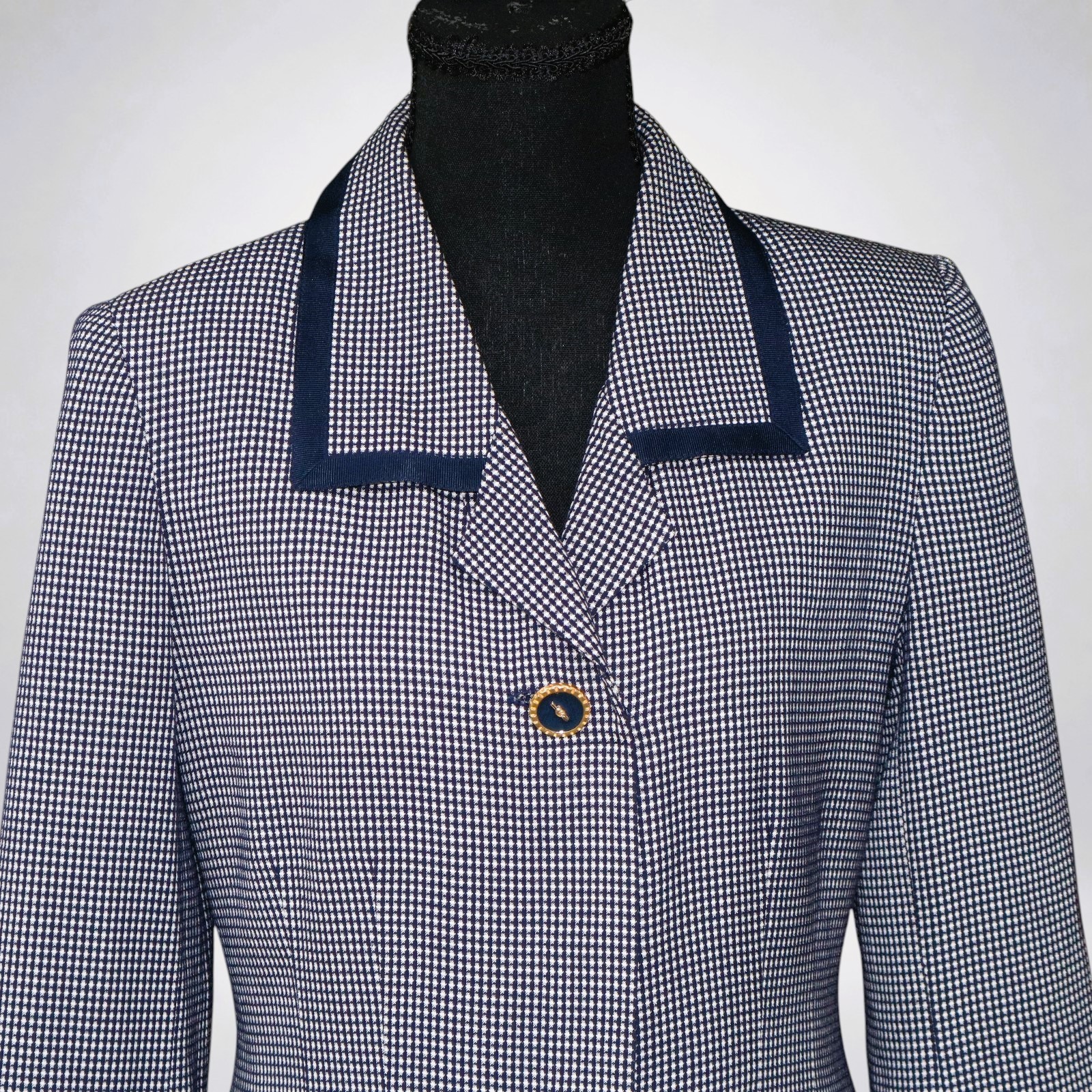 Vintage Liz Claiborne Petite Dress Navy White Micro Check Contrast Trim Size 6P