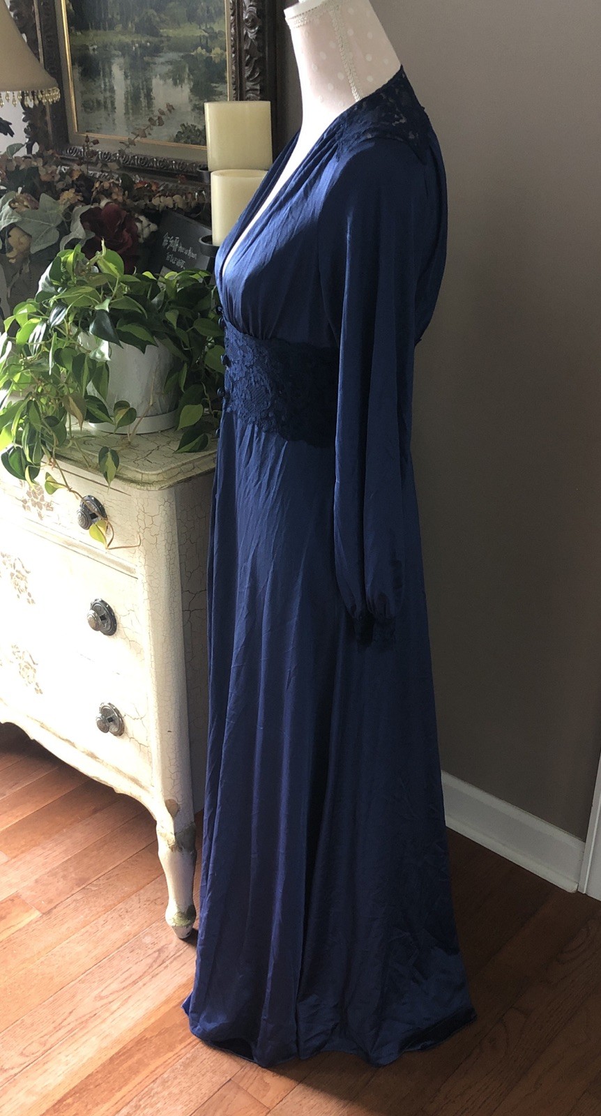Vtg Maidenform Dreamwear Olga Like Peignoir Nightgown Robe Set Navy Blue Women L