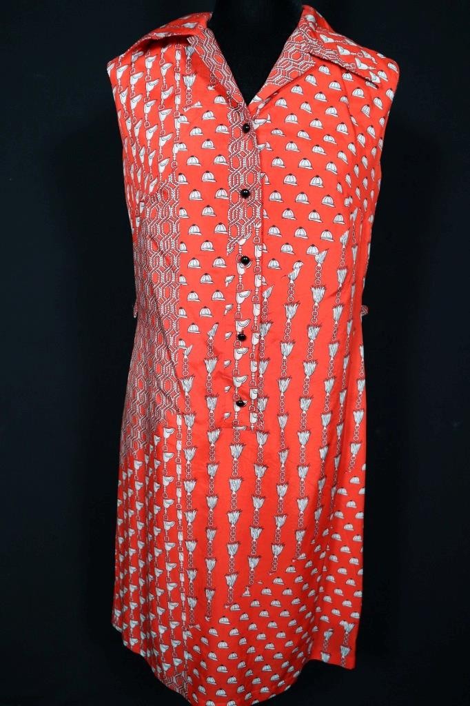 Vintage 1970’s French Silky Poly Jockey Print Dress Size 6-8