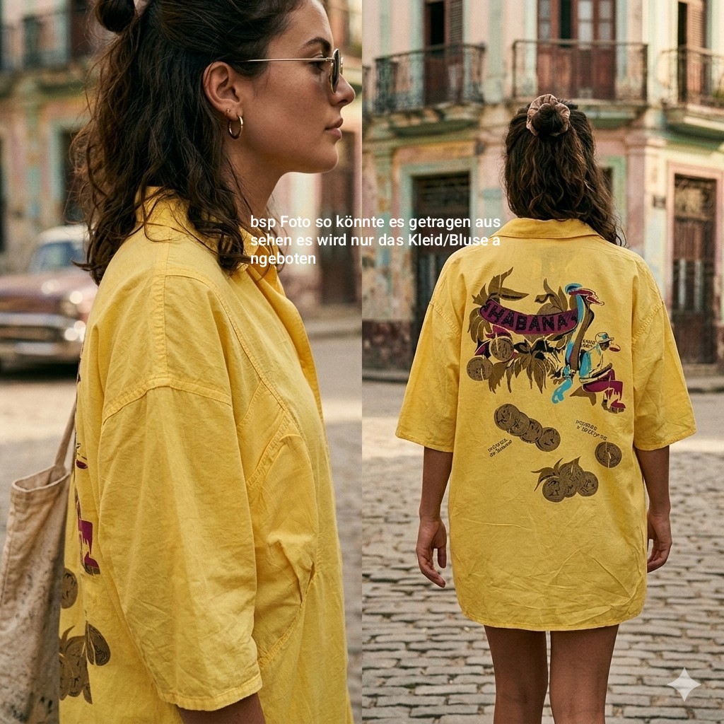 Vintage long blouse yellow Habana back print oversized women shirt blouse retro tunic L