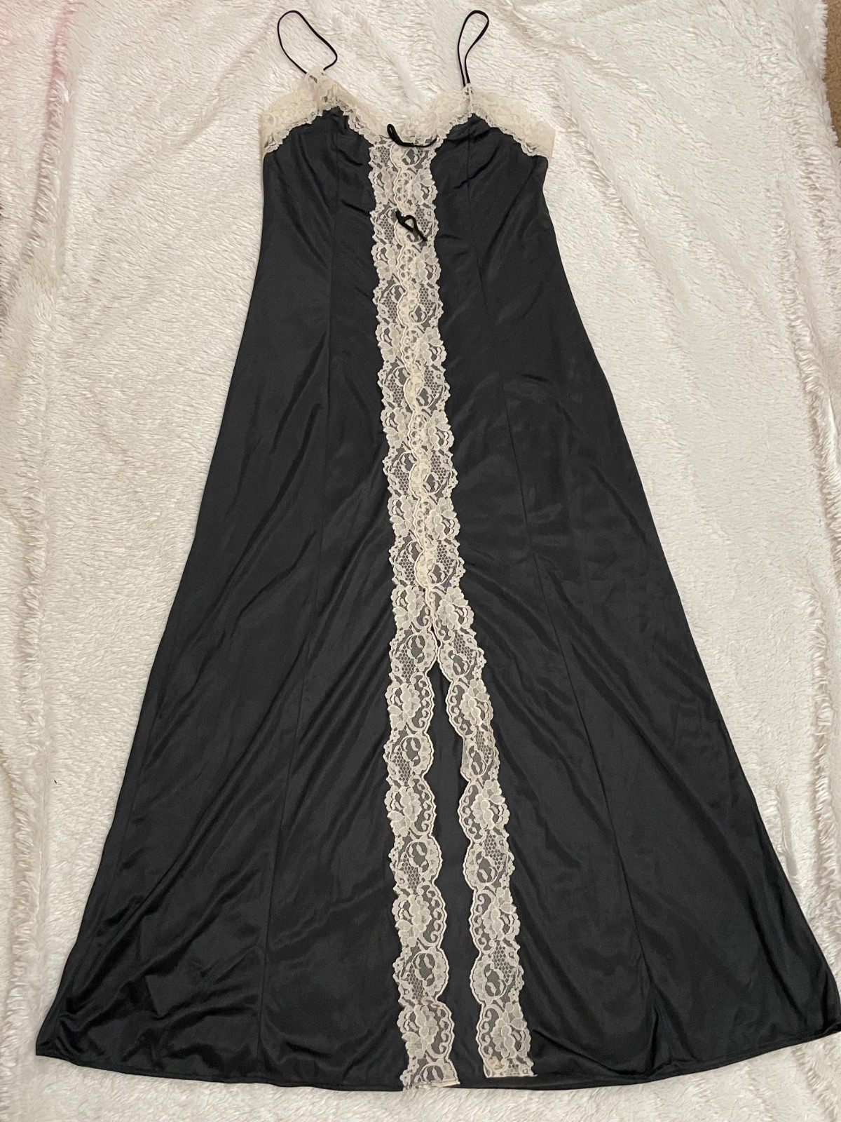 M Vtg SHEER Floral Lace INSERT Long Nightgown Maxi Gown Ivory Black Front Slit