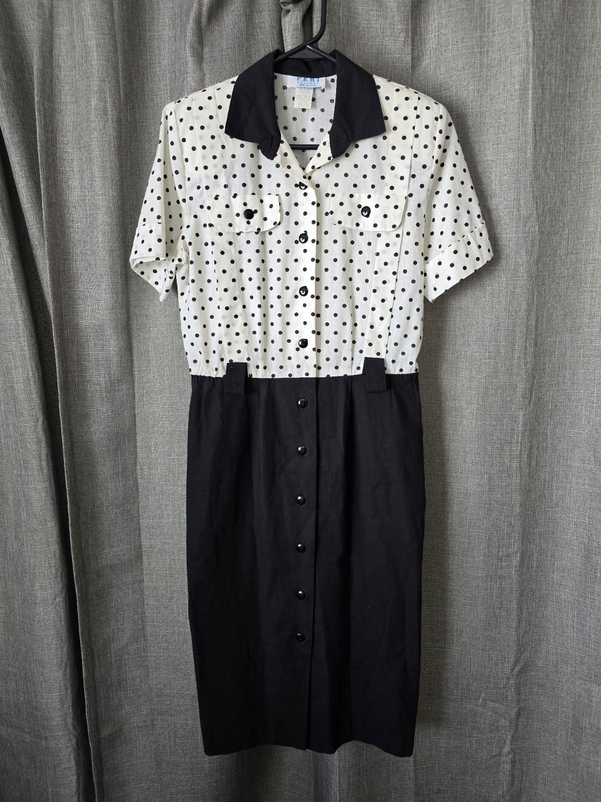 Peri Petites Vtg 80s Polka Dot Button Down Pencil Dress Size 8 Pinup Housewife