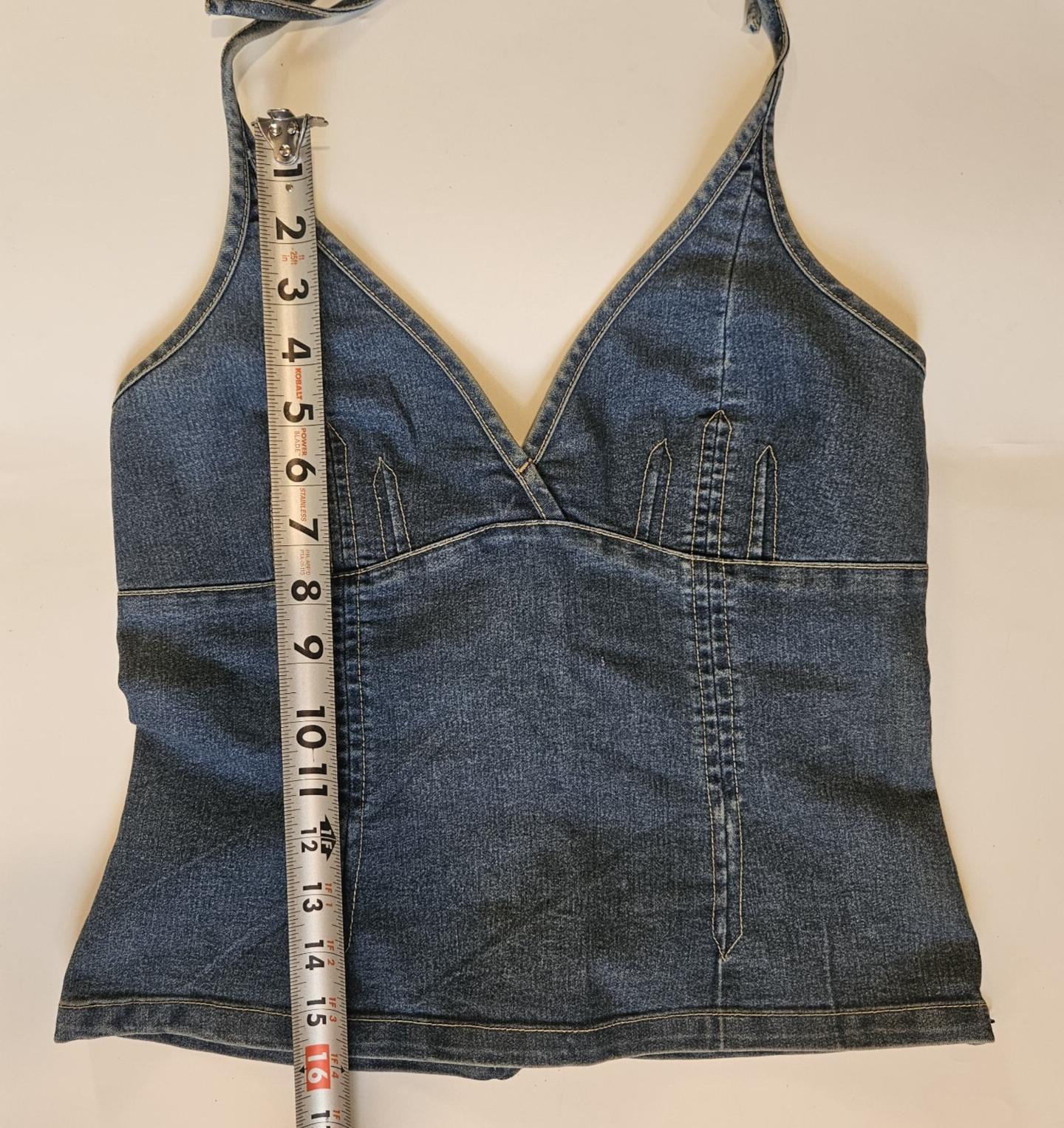 Vintage Y2K Denim Halter Top Side Brass Zipper European Size 38 Boho Western