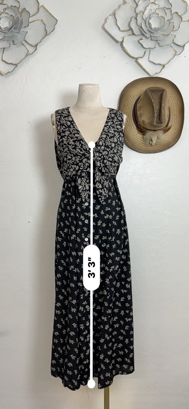 Vintage Robbie Bee Dress 10 Black Floral Rayon Button Front Tie Midi 90s Grunge