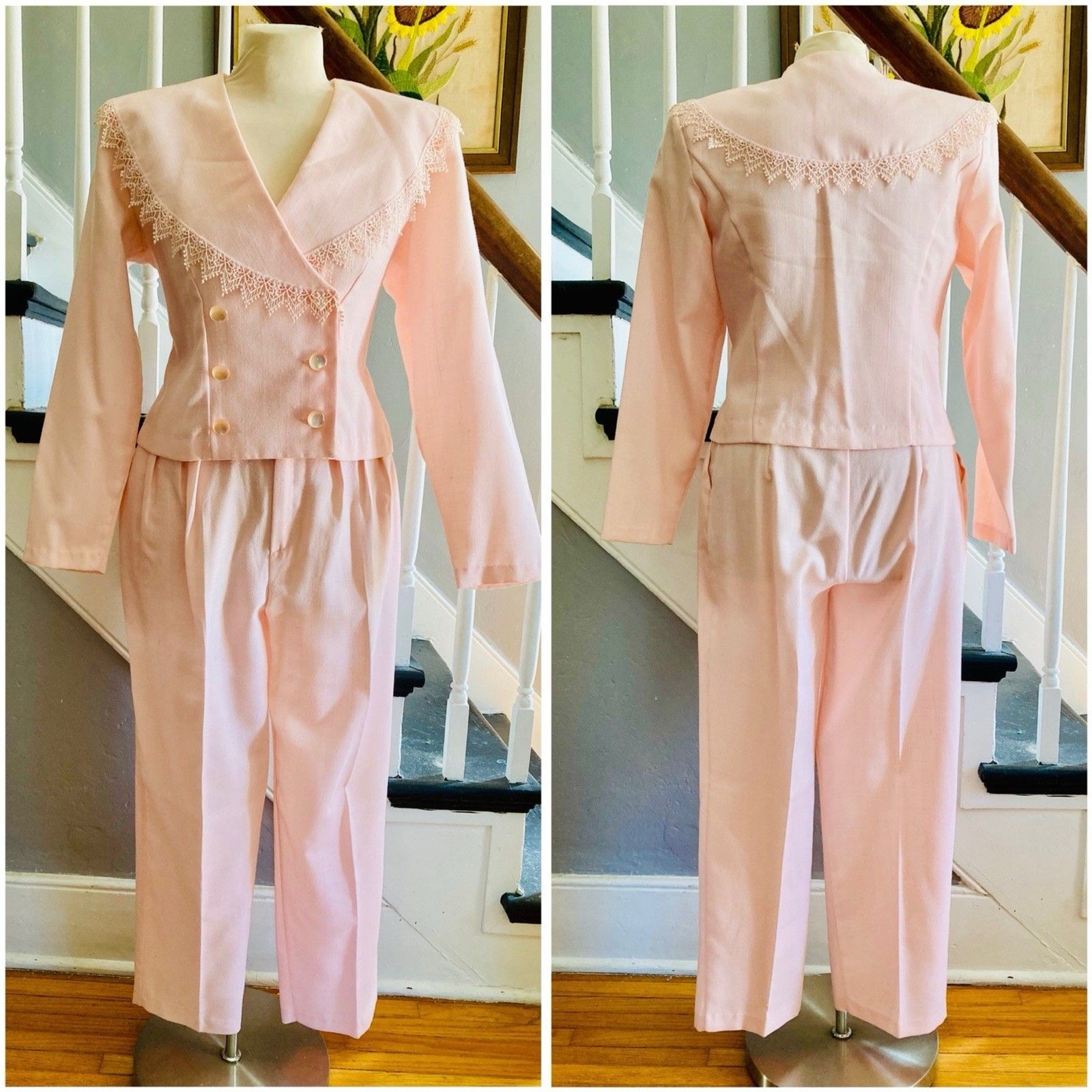1980s Linen-look Petal Pink Lace-trimmed Pantsuit For Work Church Or Tea Parties