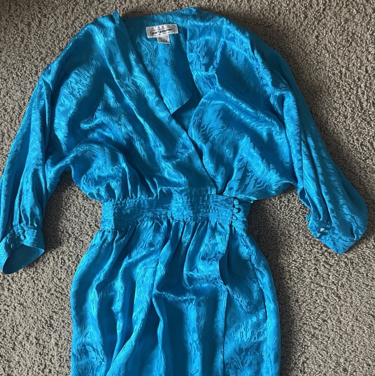1980s Teal 100% Silk Wrap Midi Dress by Lauren Alexandra Vintage 4 approx XXS 00