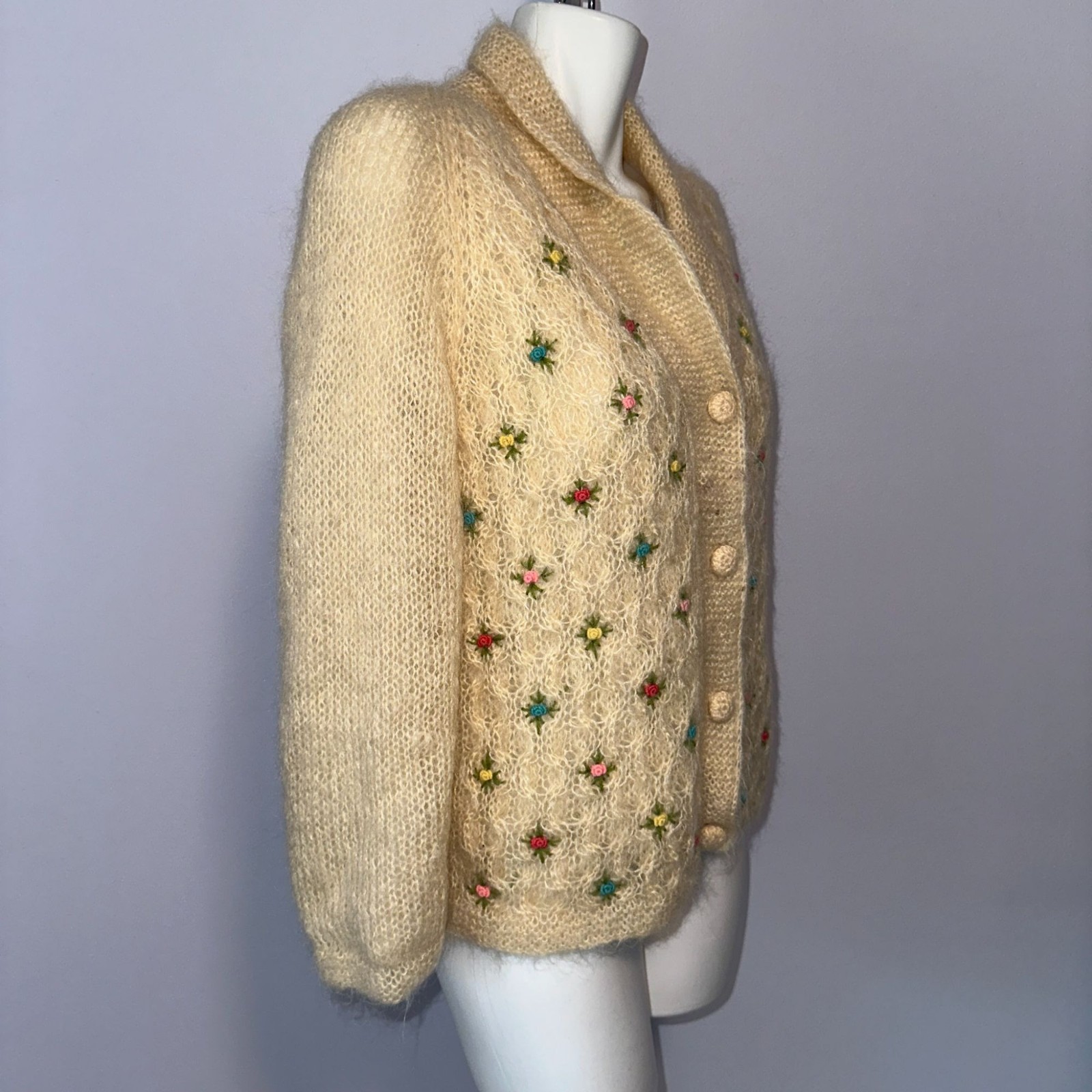 Vintage 1960s Cyn Les Cardigan Mohair Wool Cream Rose Knit Sweater Coquette S/M