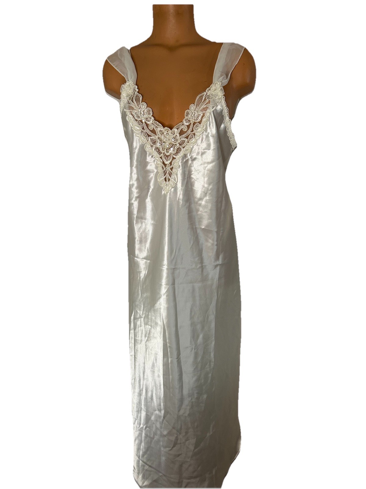 Vtg 90s 2 pc Dentelle White Satin Chiffon Lace Pearls Bridal Nightgown Sz L
