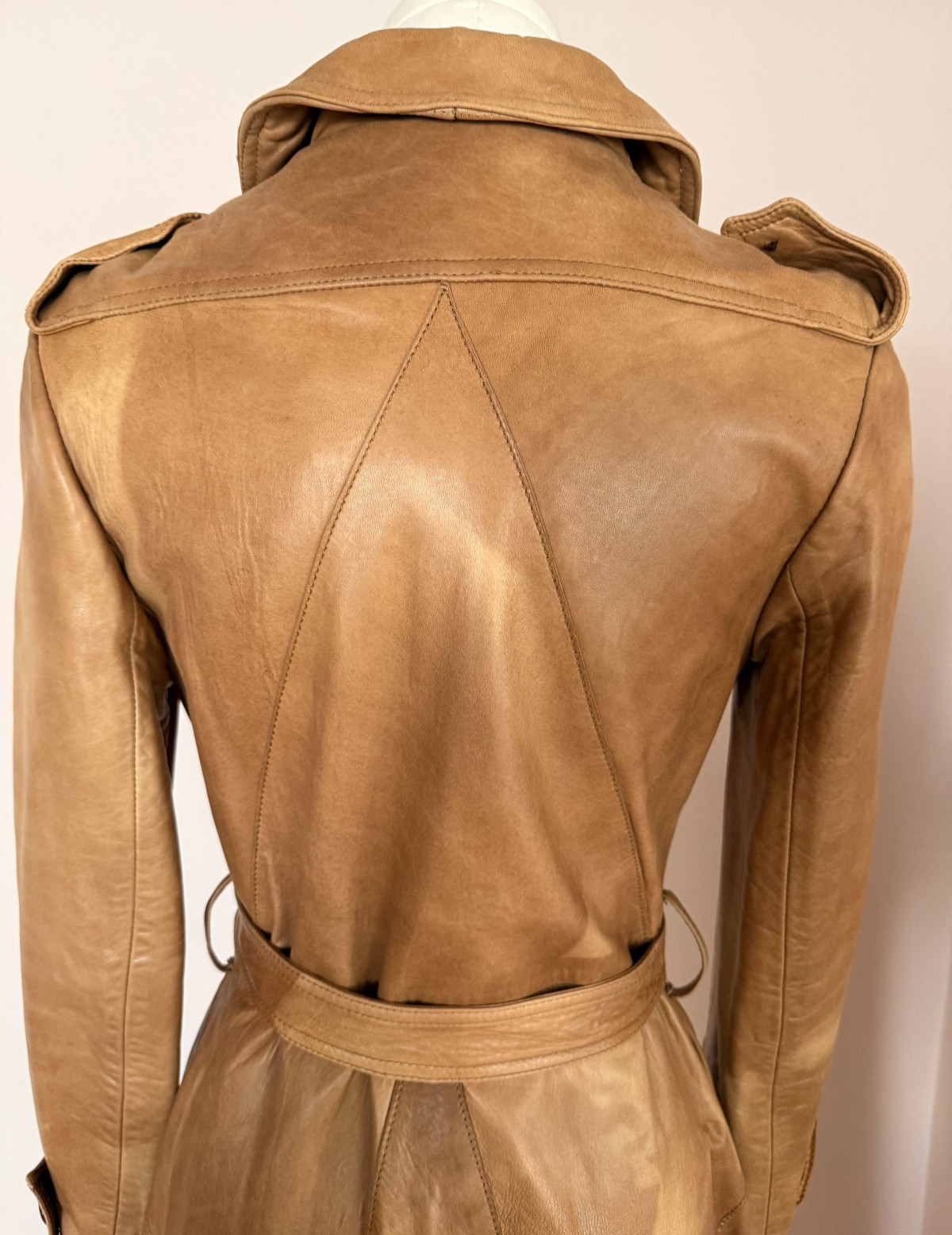 Vintage 100% Leather Trench Coat XS XXS Tan Belted Jacket Handmade in Mexico