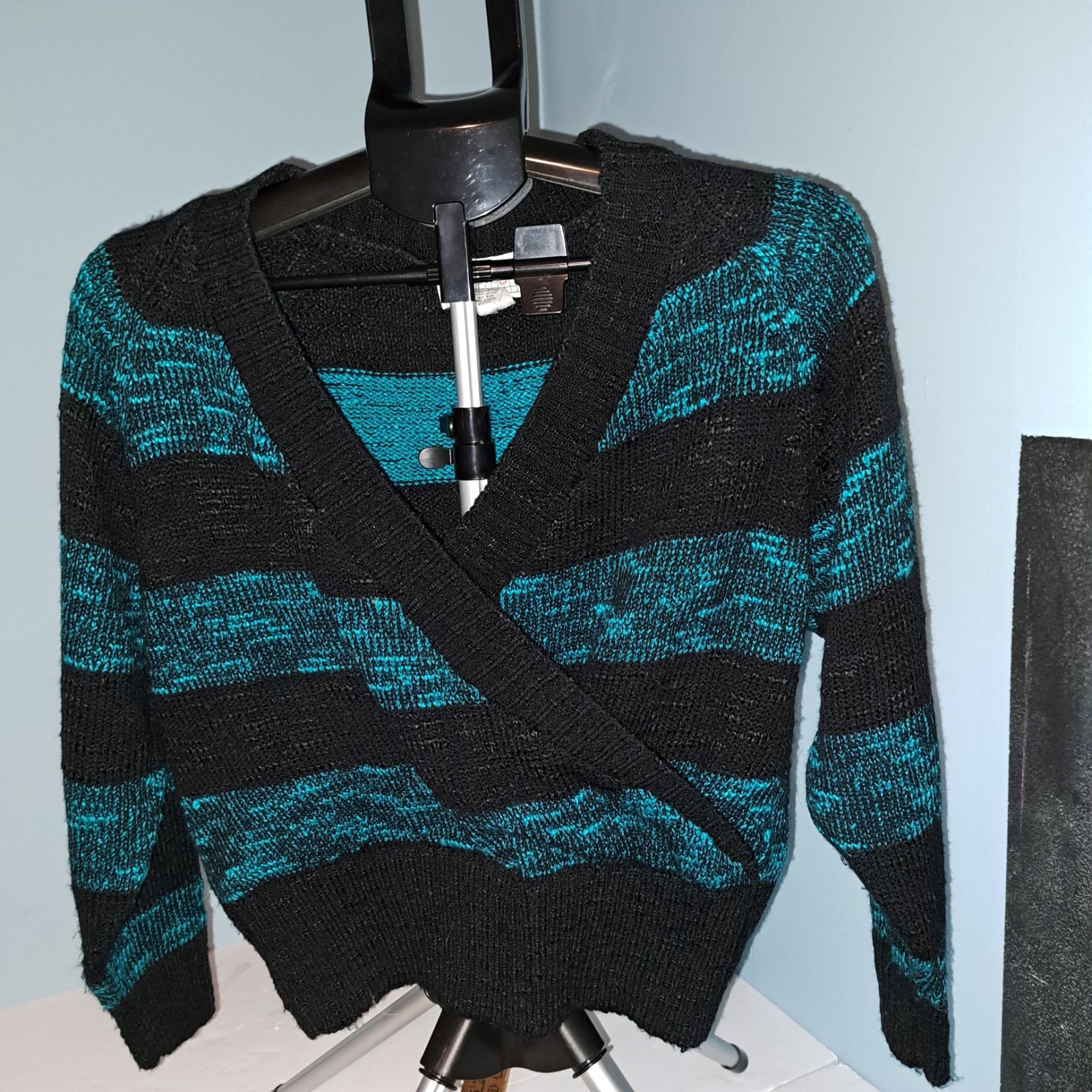 Vintage SPICE OF LIFE 80s Teal/black Striped Faux Wrap Sweater L