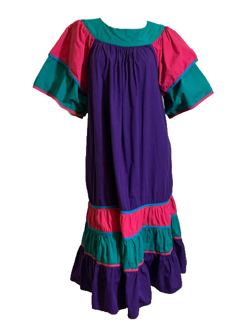 True Vintage 1980s Rhumba Ruffled Cotton Color Block Purple Dress