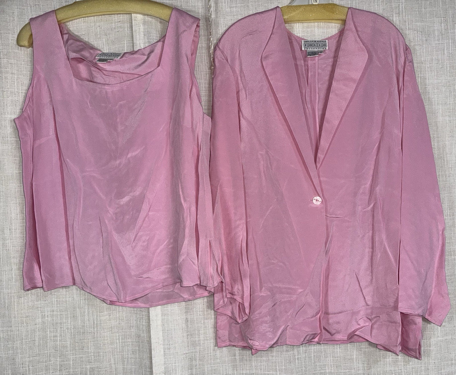 NEW Vtg Saks Fifth Avenue FOLIO Women’s 1X Pink Jacket Shirt 2 pc 100% Pure Silk