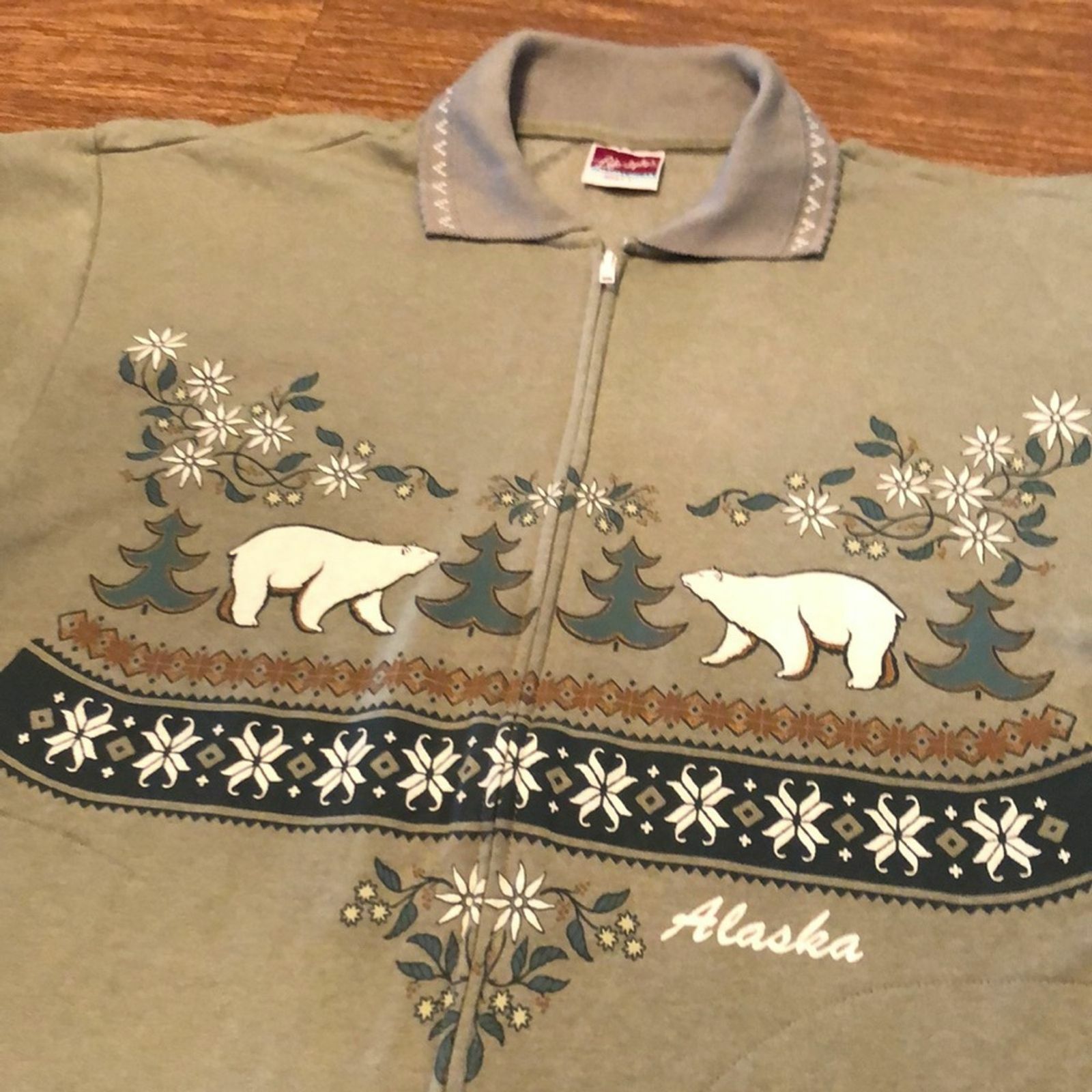 Full Zip Vintage Green Alaska Polar Bear Collared Long Sleeve Sweatshirt L