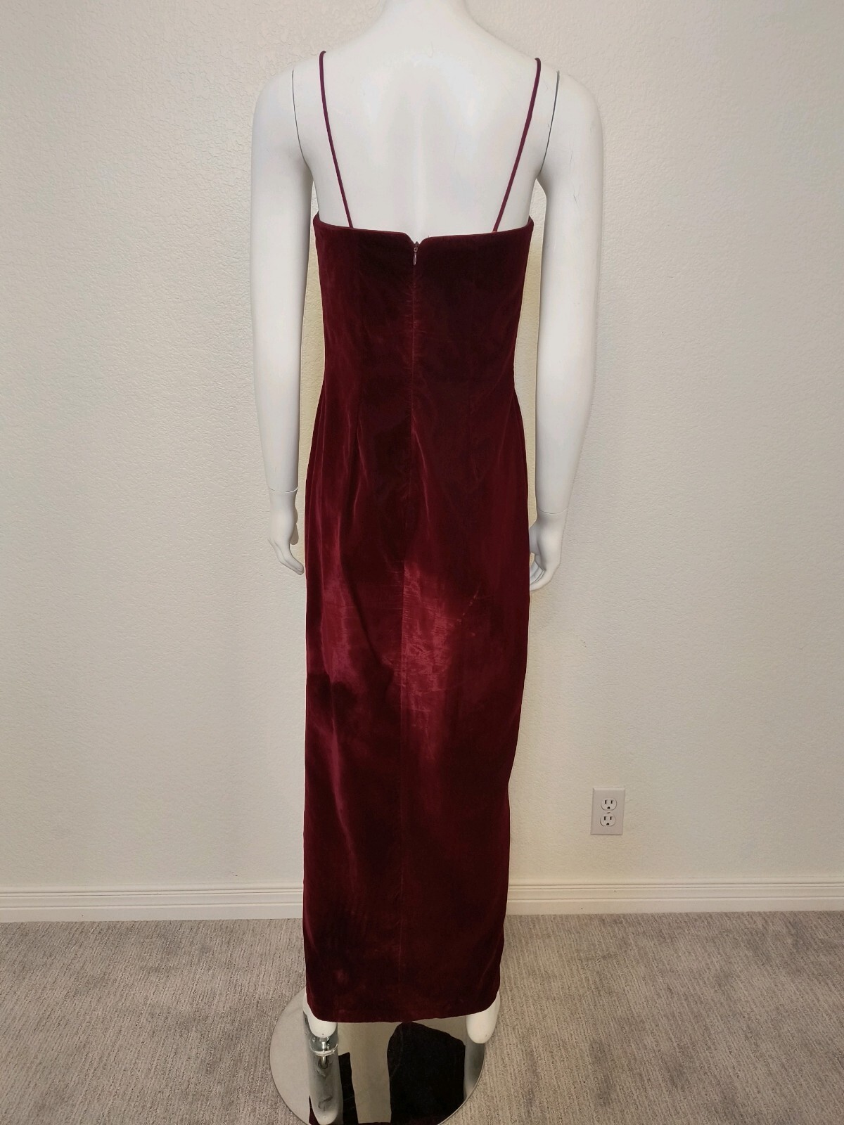 1990s L.A. GLO Burgundy Velvet Long Cabaret Gown w/ Leg Slit, Sz 9-10