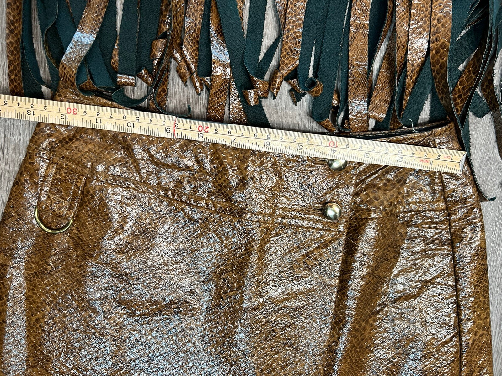 Vintage 60s Snake Leather Fringe Set Mini Skirt Cropped Top GOGO Goth Mod RARE