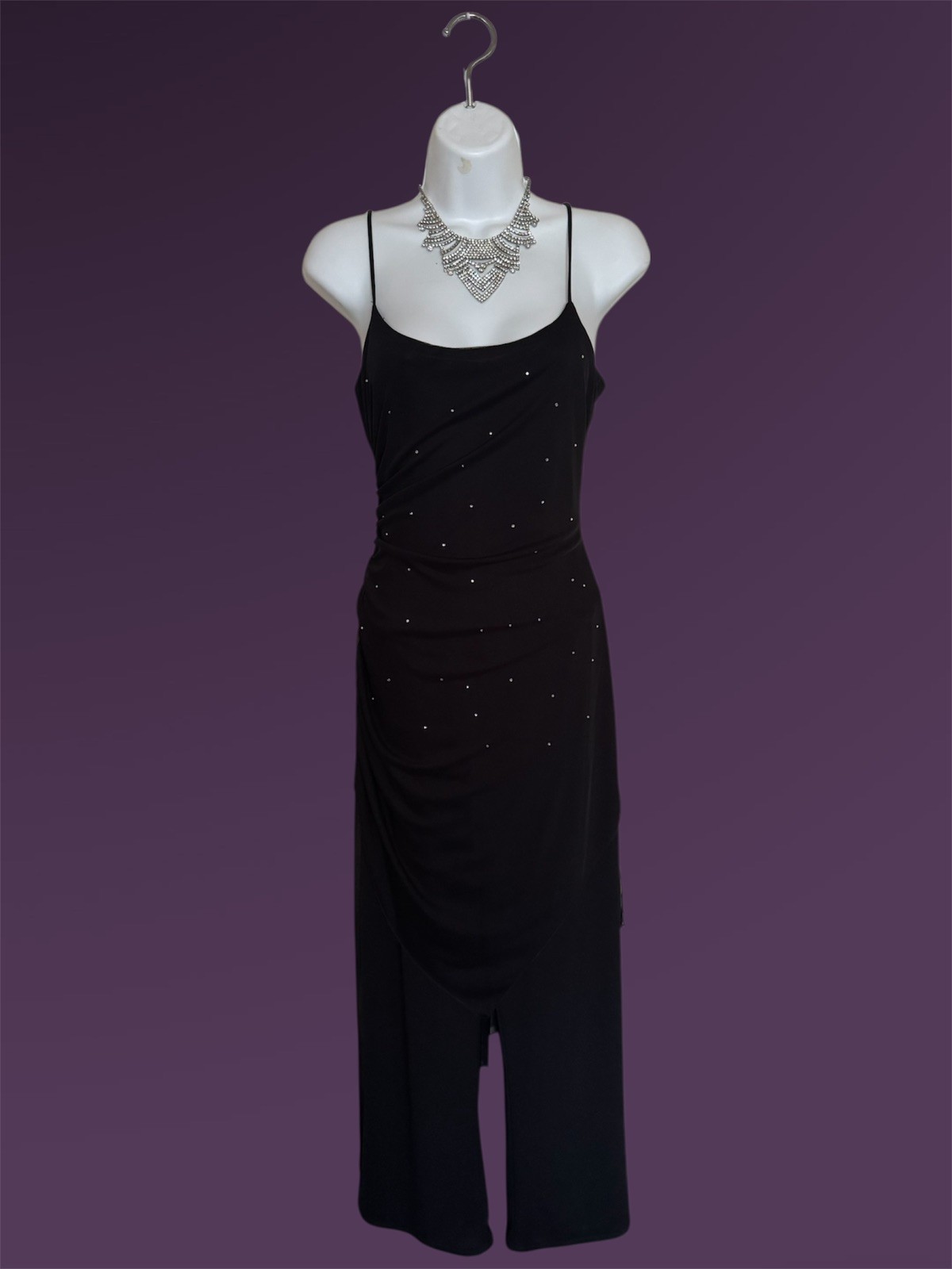 90’s Y2K Vintage Black Rhinestone Jumpsuit Sheer Overlay Made In USA, Size XS-S