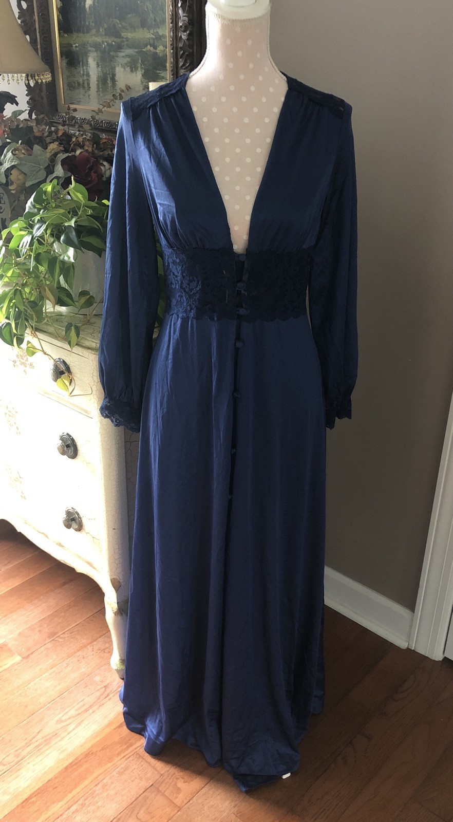 Vtg Maidenform Dreamwear Olga Like Peignoir Nightgown Robe Set Navy Blue Women L