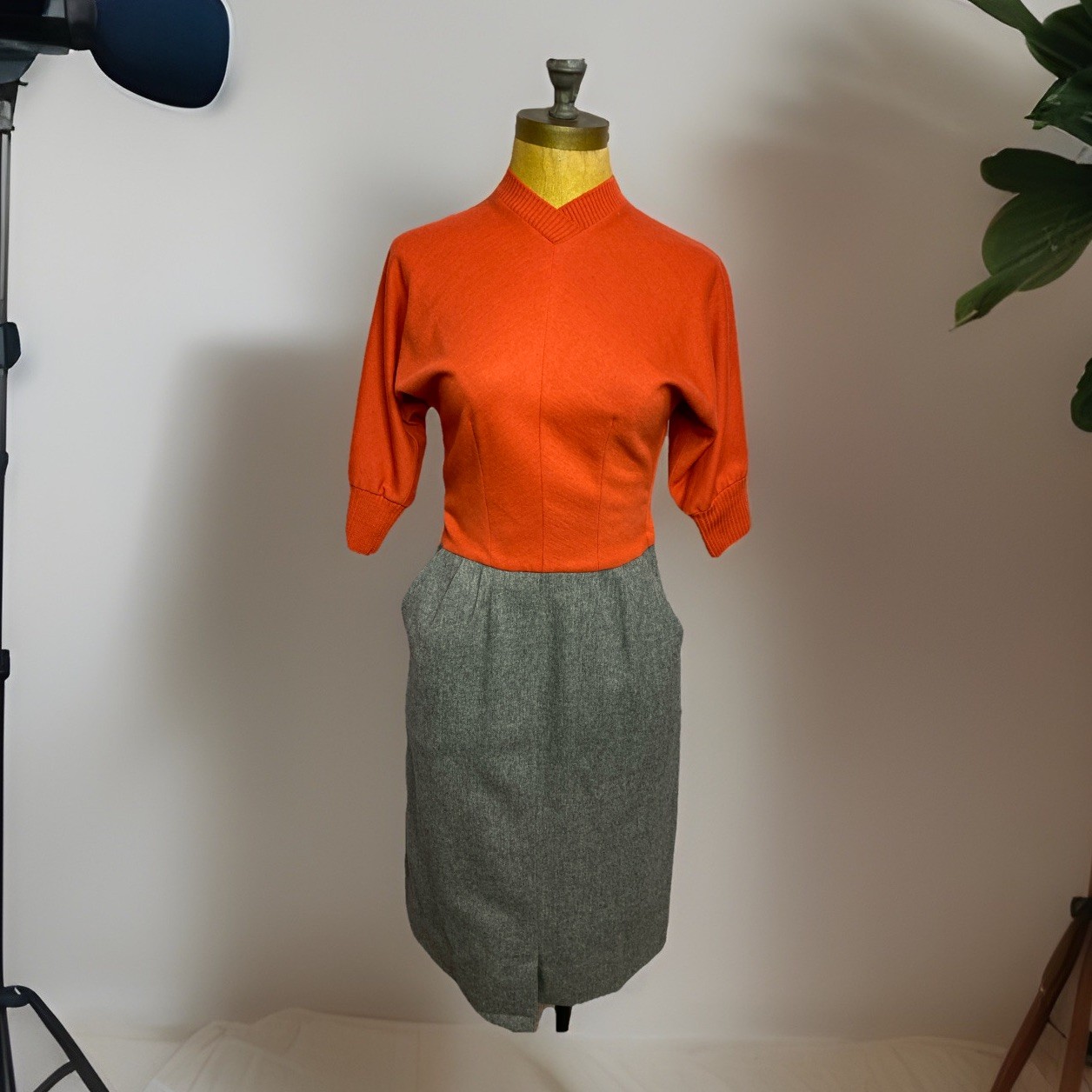 Vtg 60s Mod Marion McCoy Wool Orange Dress 3/4 Sleeve MIDI Pencil Secretary