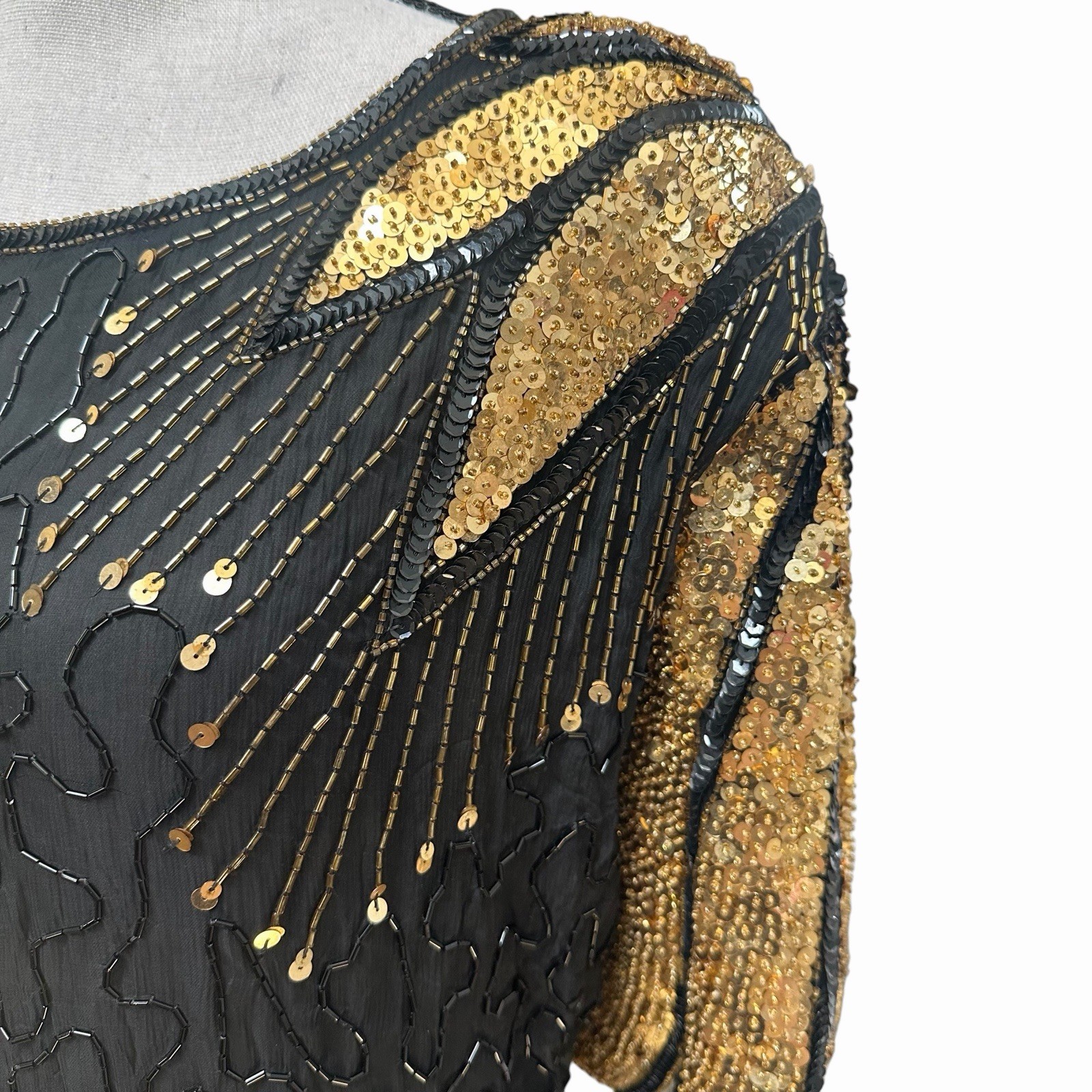 VTG 80s 90s Silk Beaded Sequin Dress Art Deco Gatsby 26W Kazar Style