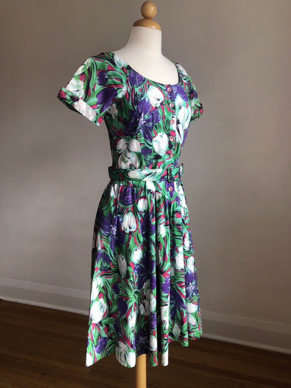 STUNNING VTG S.L. PETITES Floral 100% Cotton Belted Dress SZ XS/S