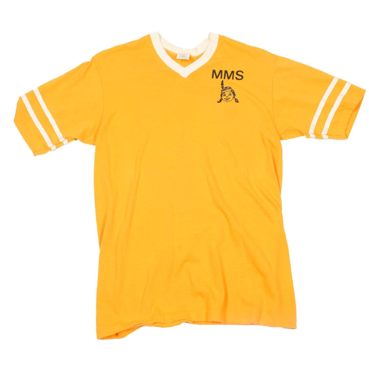 Vintage 1970s MMS Indian Logo Gym V-Neck Ringer T-Shirt Large Yellow White