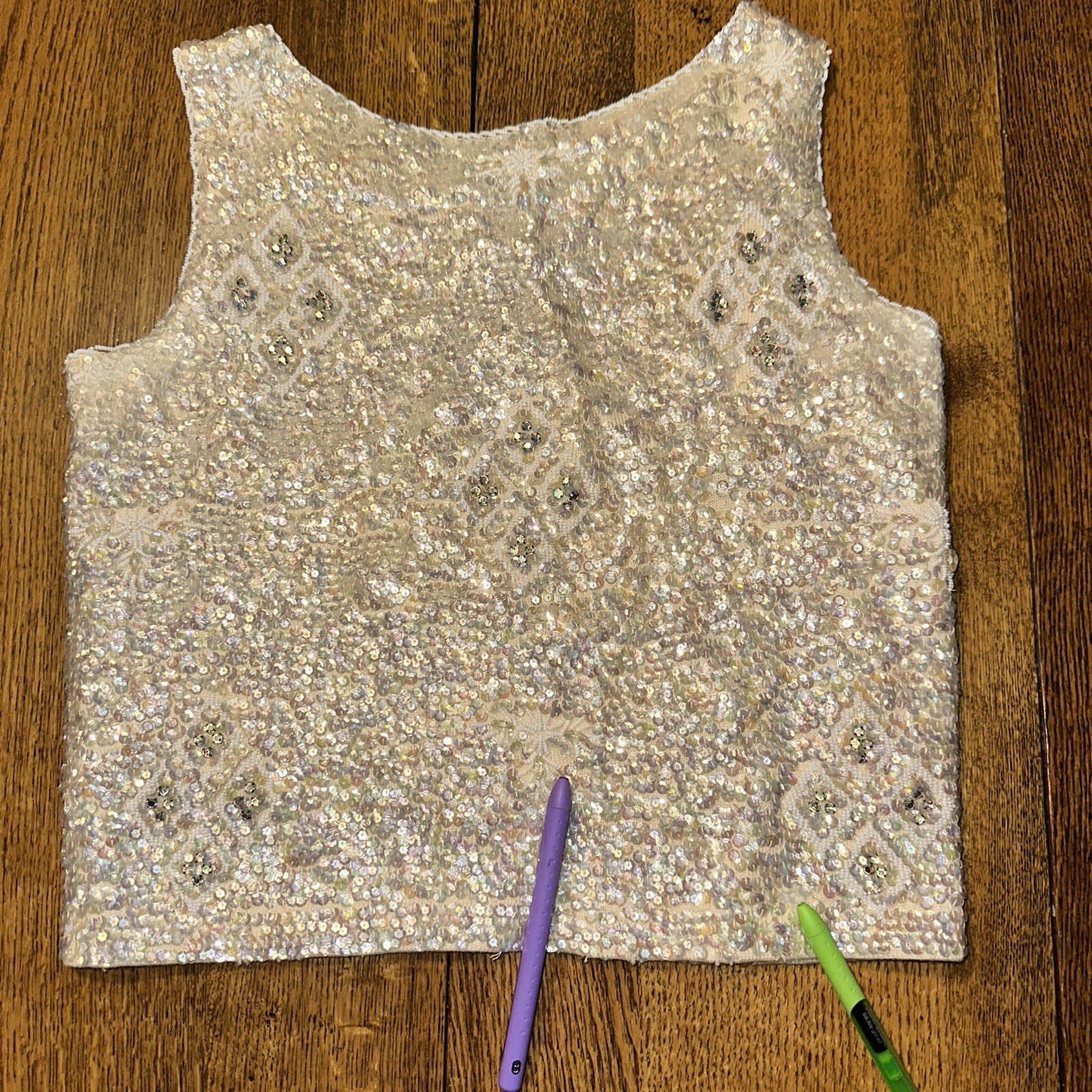 Vtg 50s 60s Hand Beaded Sequin Sleeveless Sweater Top Ivory 34 Glam Holiday Flaw