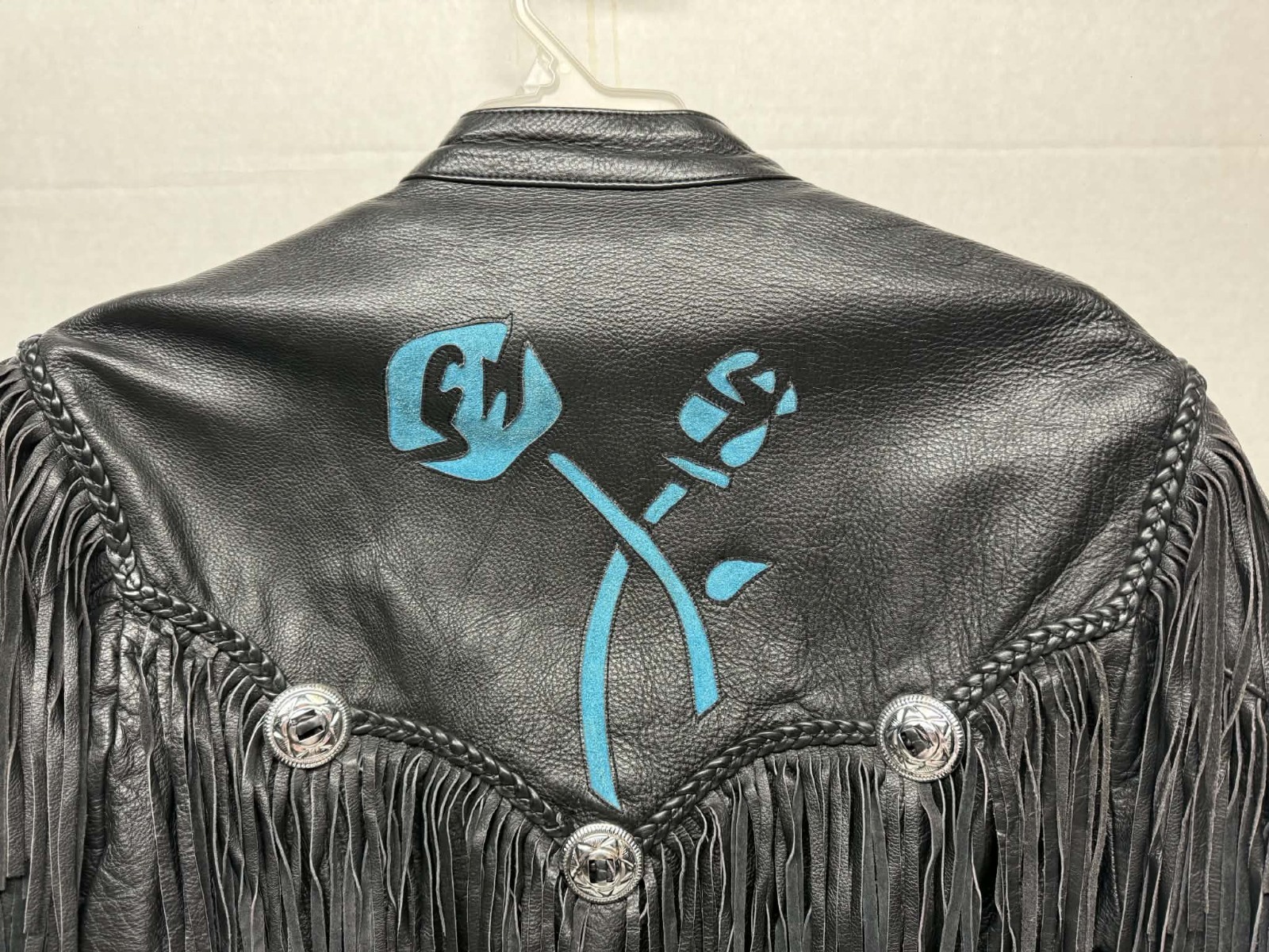 Vintage Black Leather Biker Jacket Women’s Fringe Turquoise Rose Appliqué