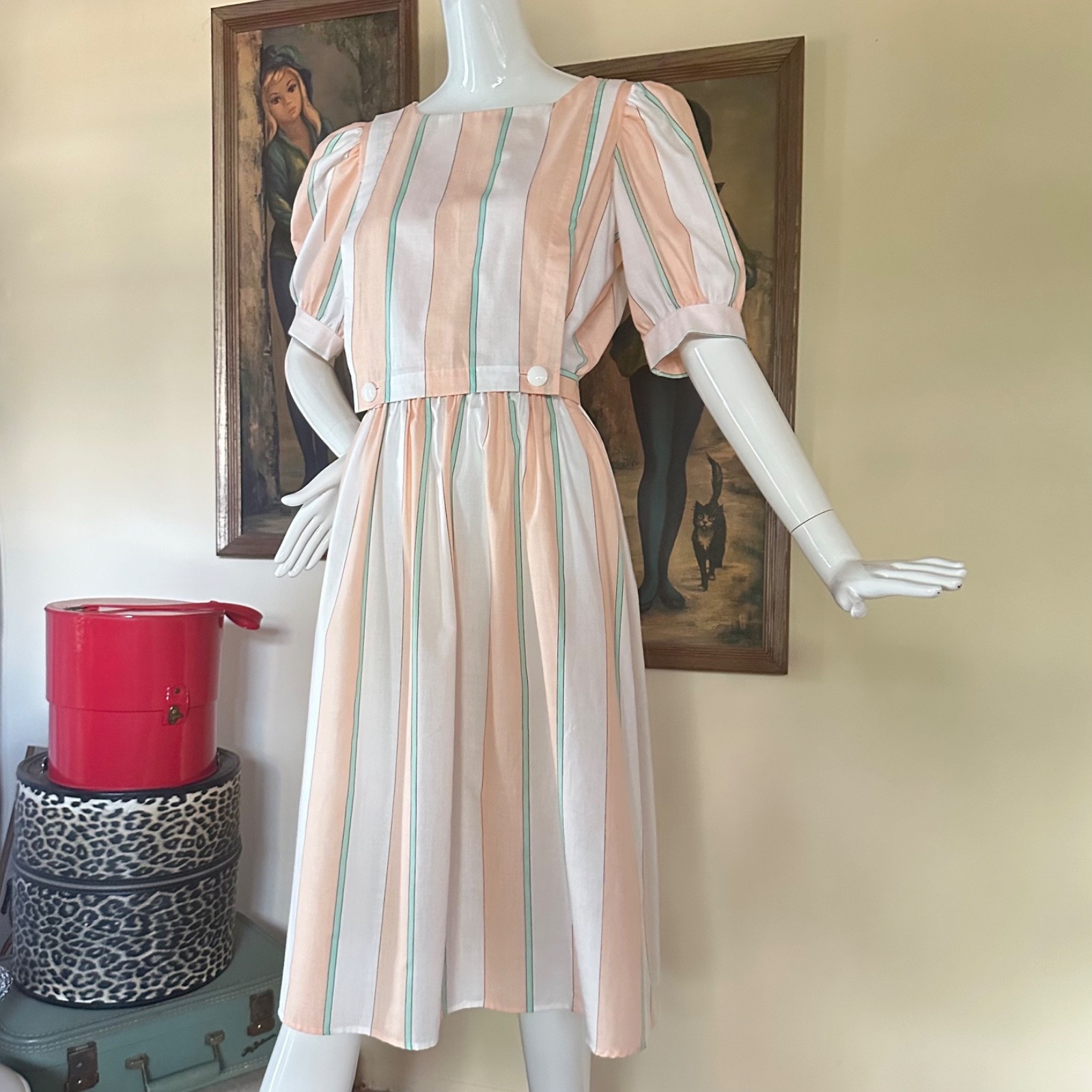 Vintage 1980s Preppy Ice Cream Pastel Striped Apron Day Dress Puff Sleeves M
